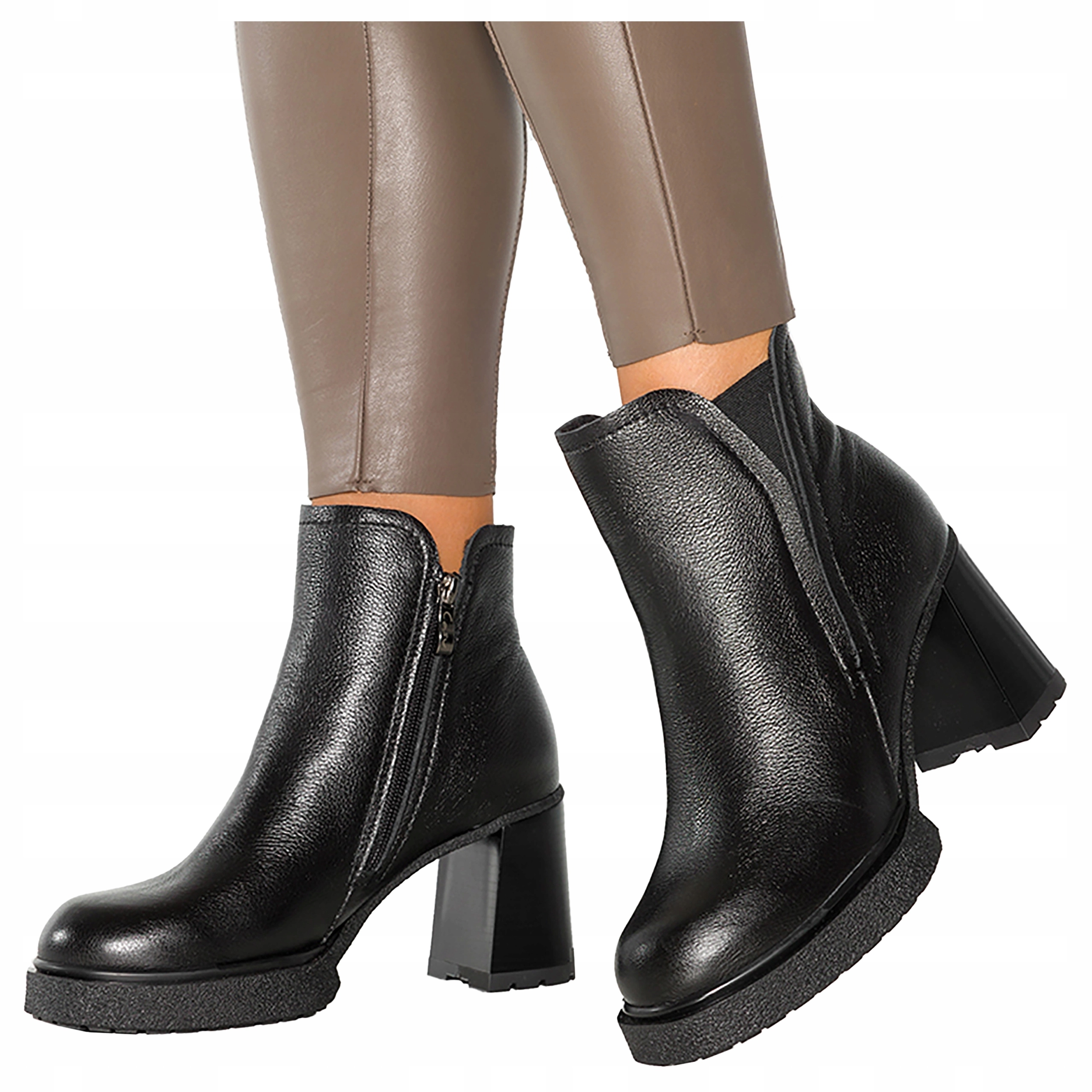 Kožené Kotníkové Boty Černé Široký Podpatek Klocek Platforma Produkt Polský vel. 39