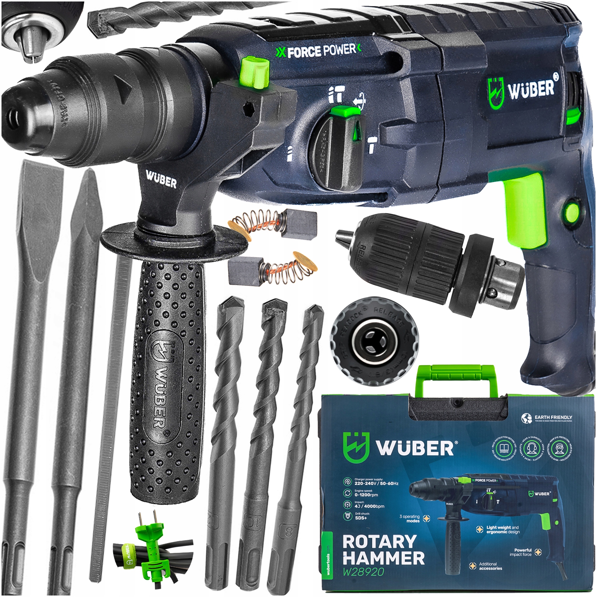 Młotowiertarka Udarowa 4000BPM 230V Wiertarka 2500W 4J Sds+samozacisk Wuber