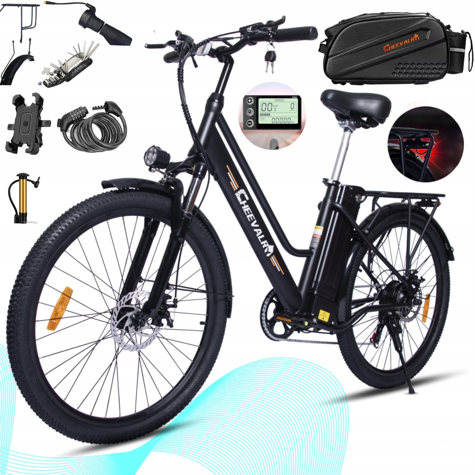 Rower Elektryczny Cheevalry C26 dorosłych Miejski 250W 15AH 100km +torba