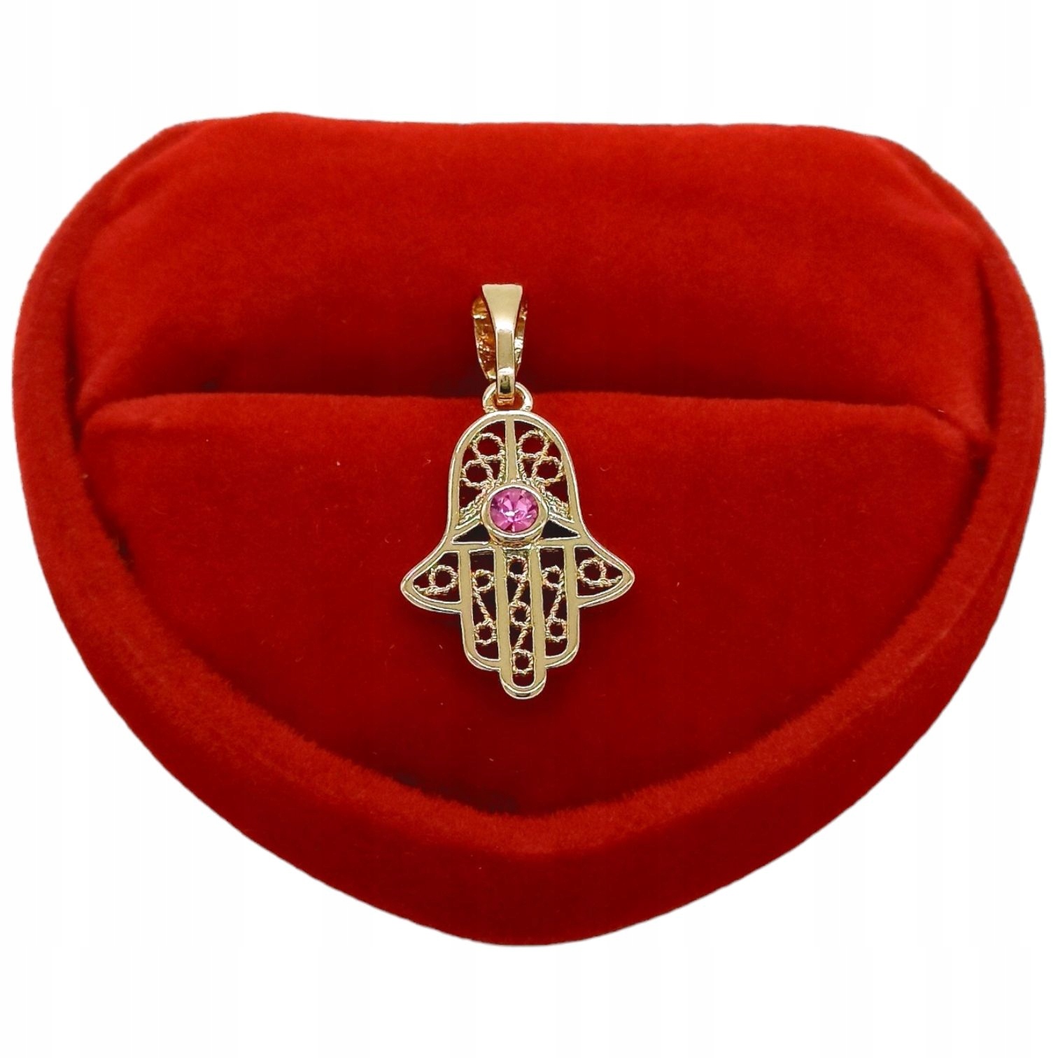 ZŁOTA ZAWIESZKA MAŁA AŻUROWA RĘKA FATIMY AMULET TALIZMAN RÓŻOWE OCZKO
