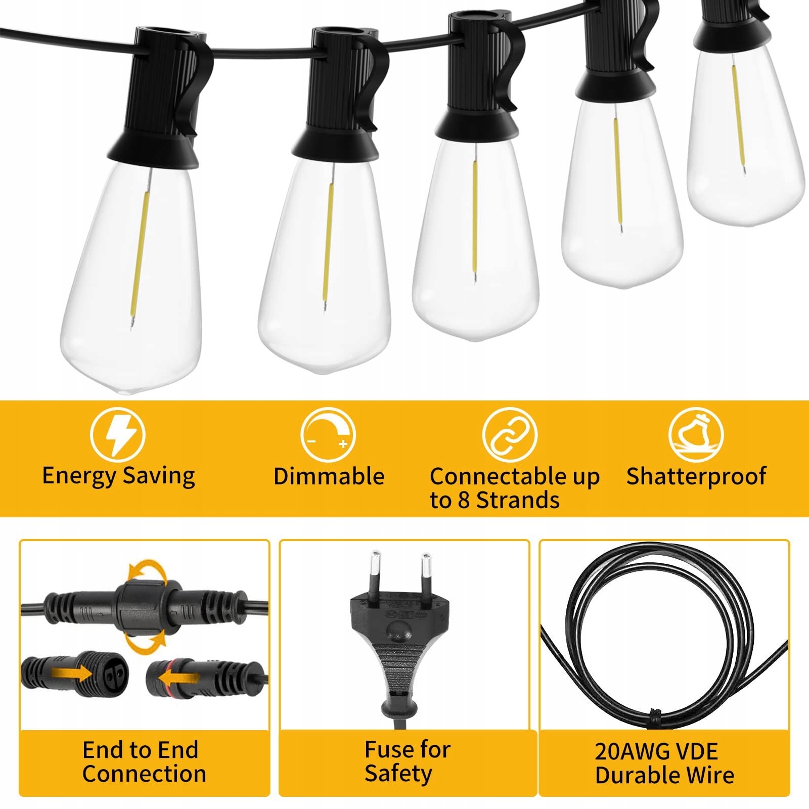 YUUCIO LED Łańcuch Zewnętrzny 18M 30+1 Żarówki IP44 Ogród Taras — miniatura 4