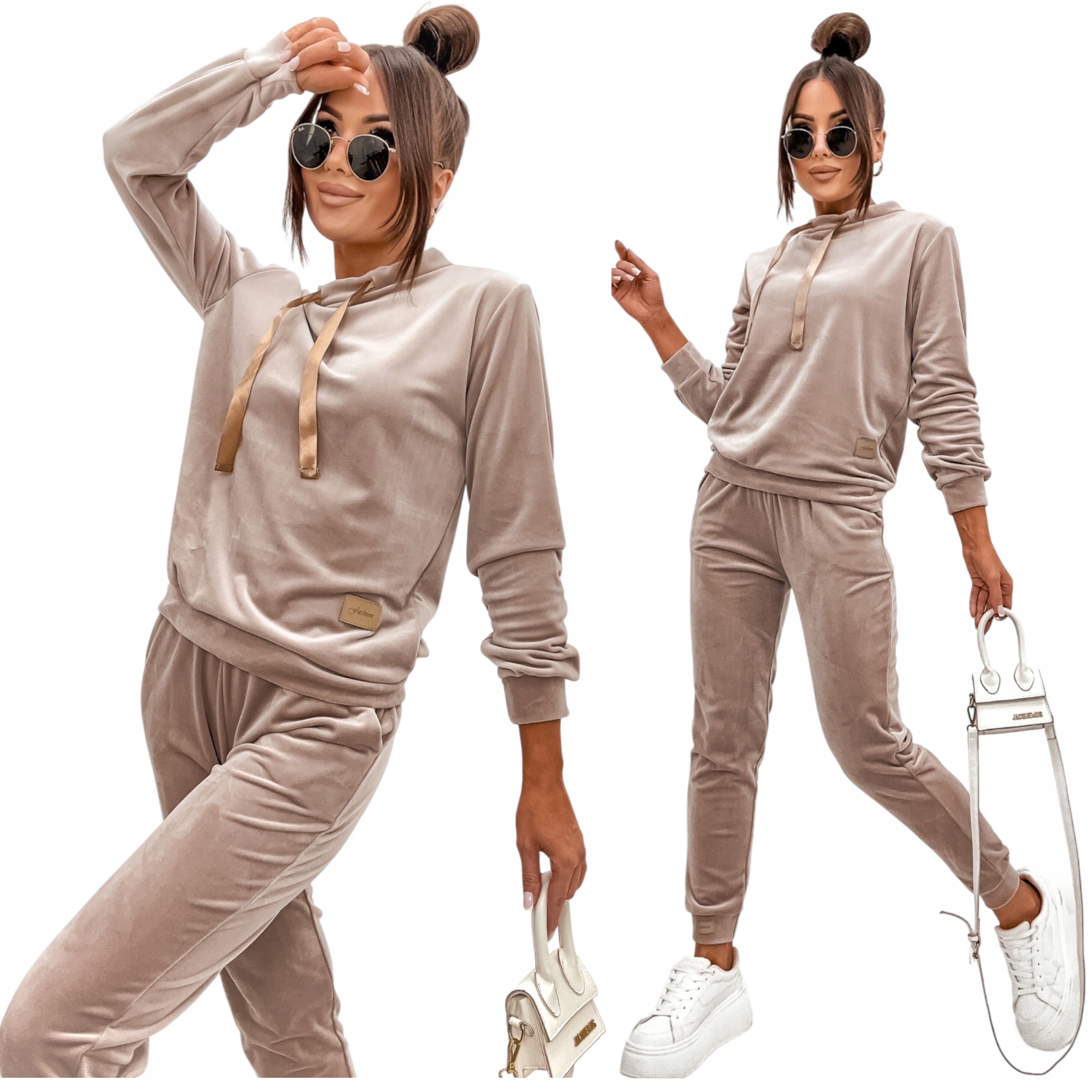 Dres Welurowy Damski Komplet Bluza Spodnie Velvet Premium Beżowy S