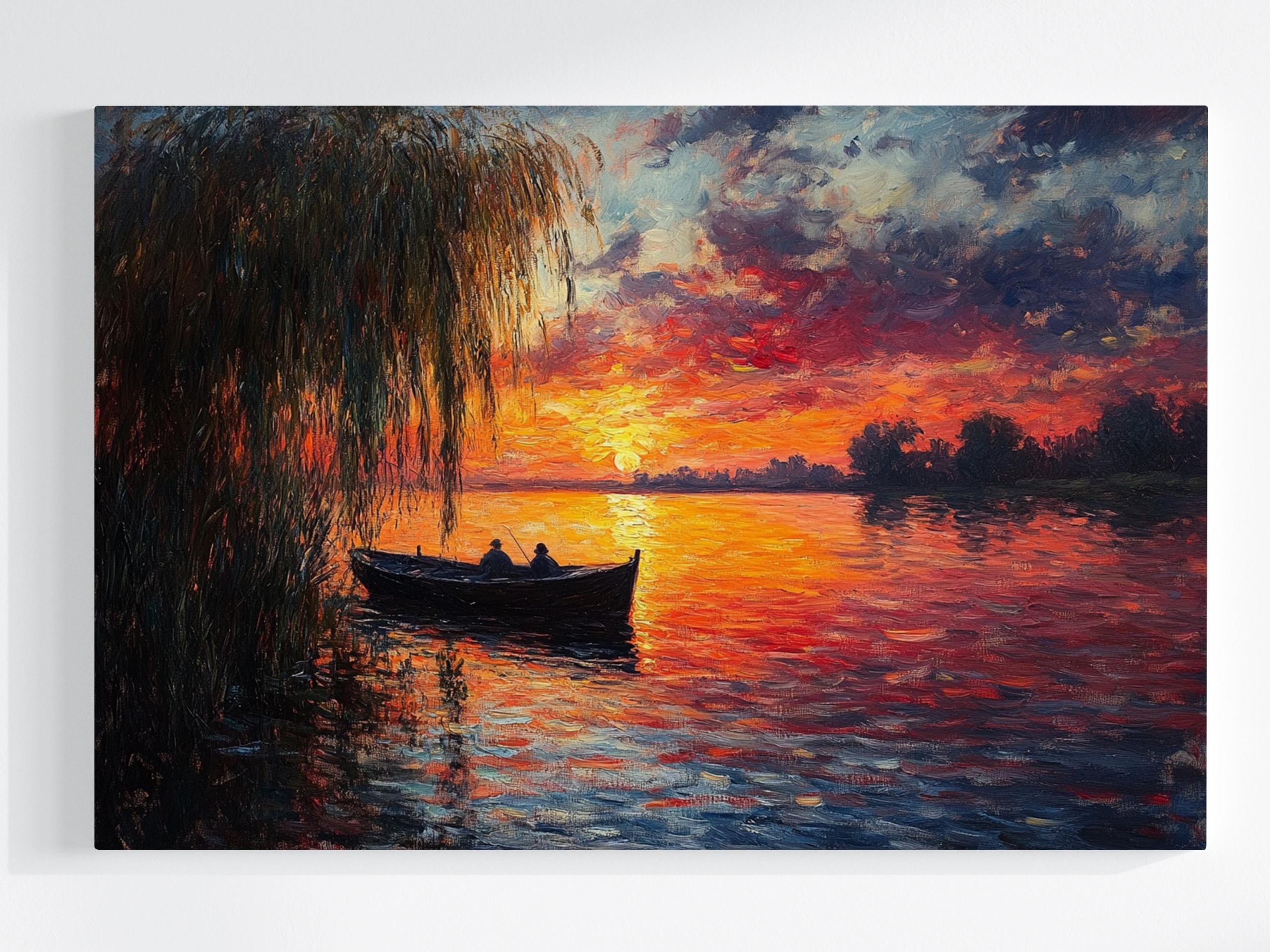 Obraz Na Plátně Canvas Krajina Jezero Loďka Rybář Slunce Západ 120x80