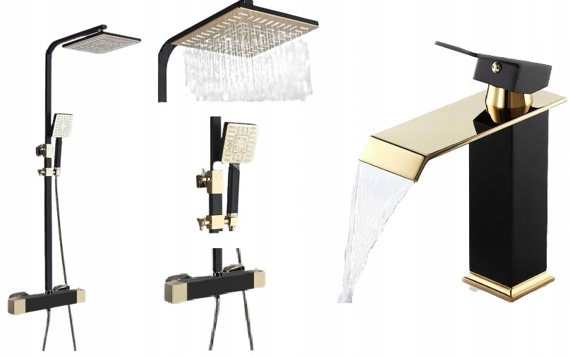 Kúpeľňová sprchová batéria čierno zlatá Mideo Termostat Sada