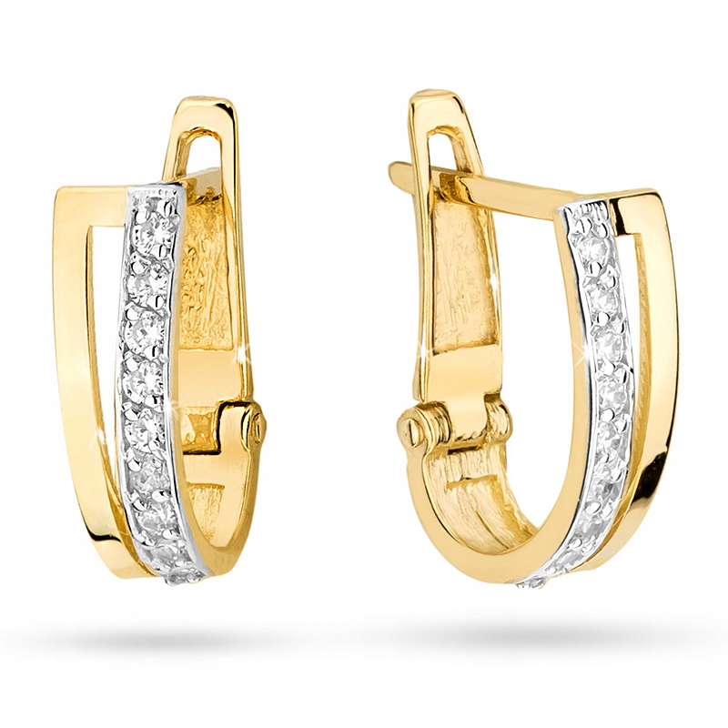 

Piękne Złote Kolczyki p333 Z Cyrkoniami Dwa Paski