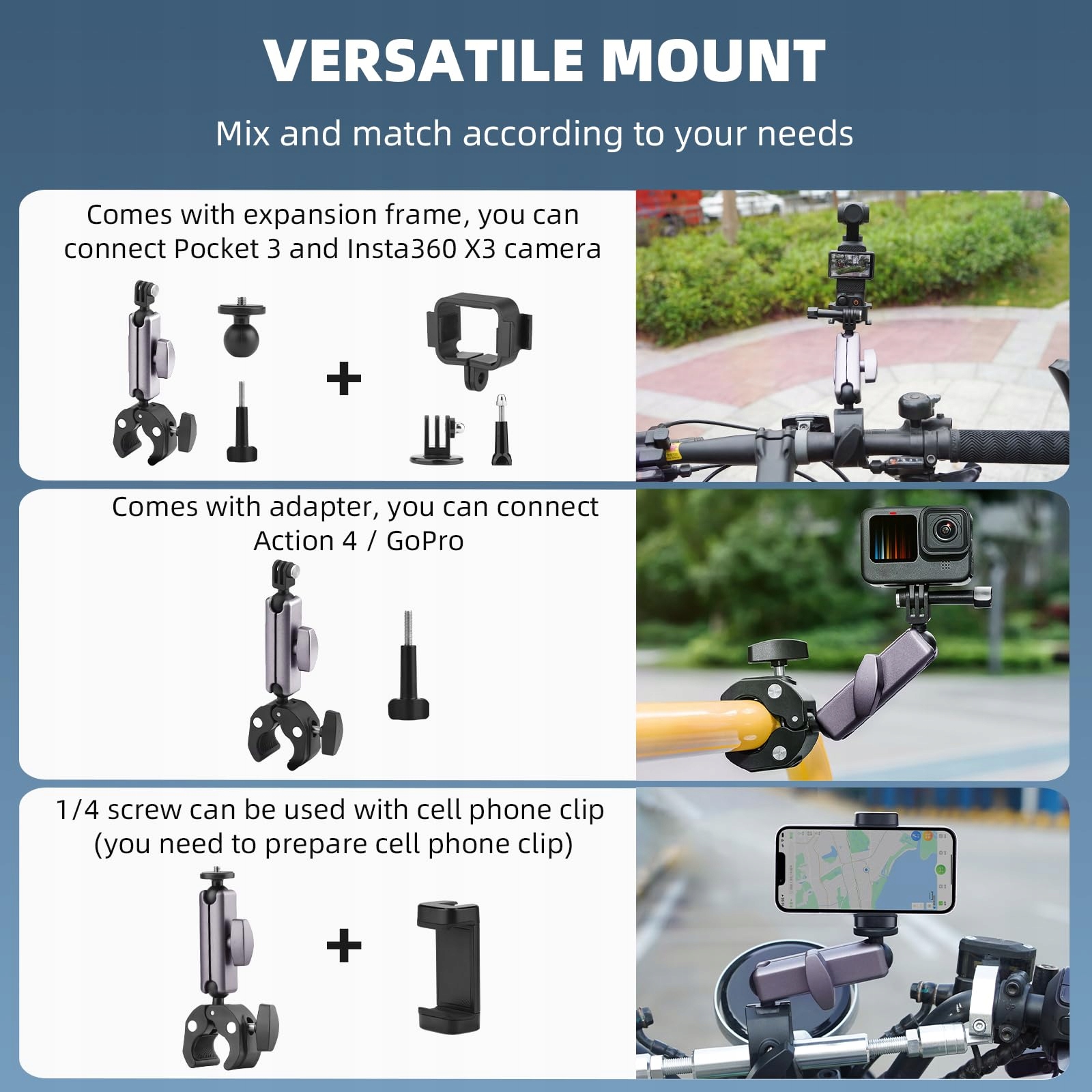 BRDRC Uchwyt Rowerowy Motocyklowy Aluminium do Insta360 DJI GoPro Wersja 1 — miniatura 2