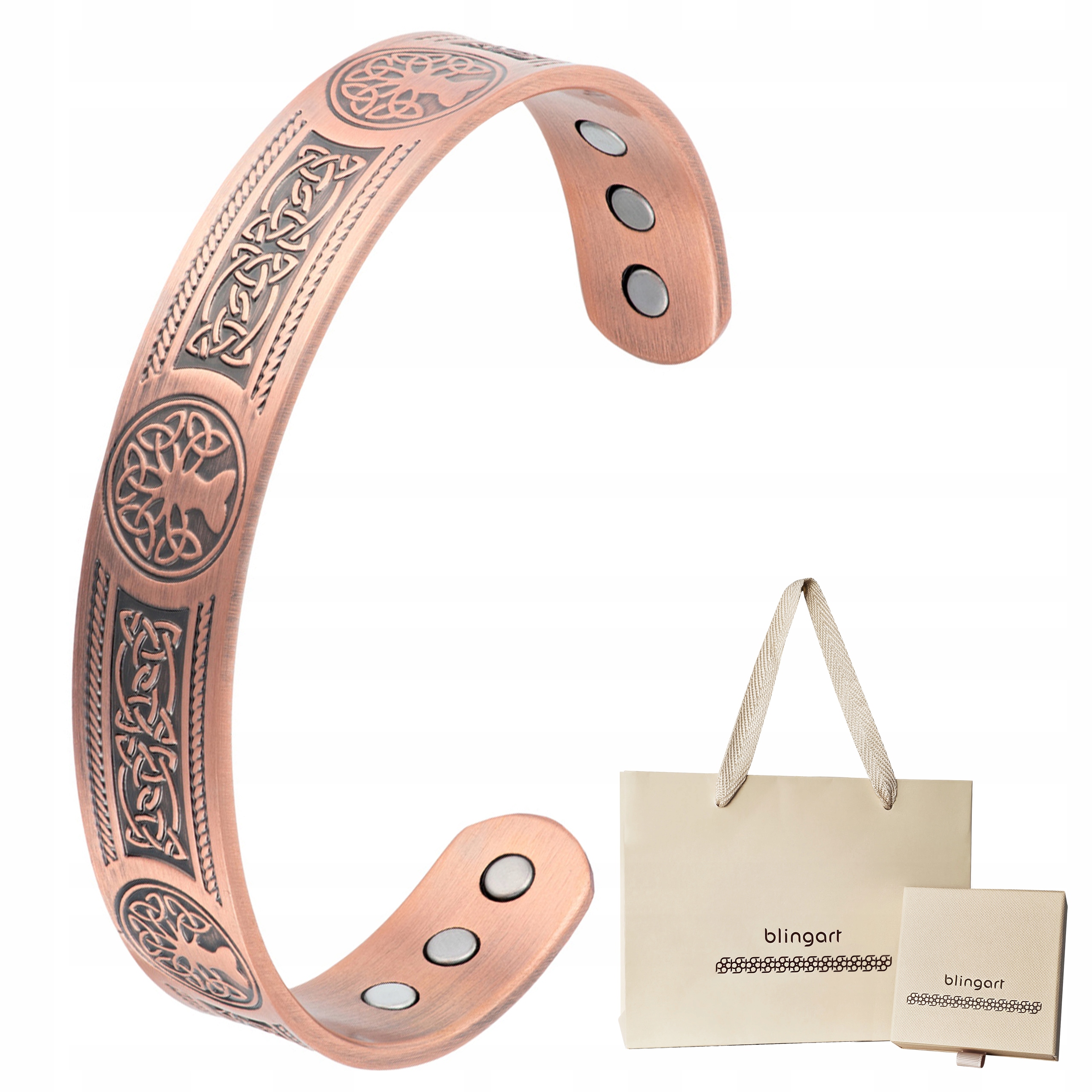 Měděný náramek 20 cm pánský magnetický s regulací vzoru yggdrasil
