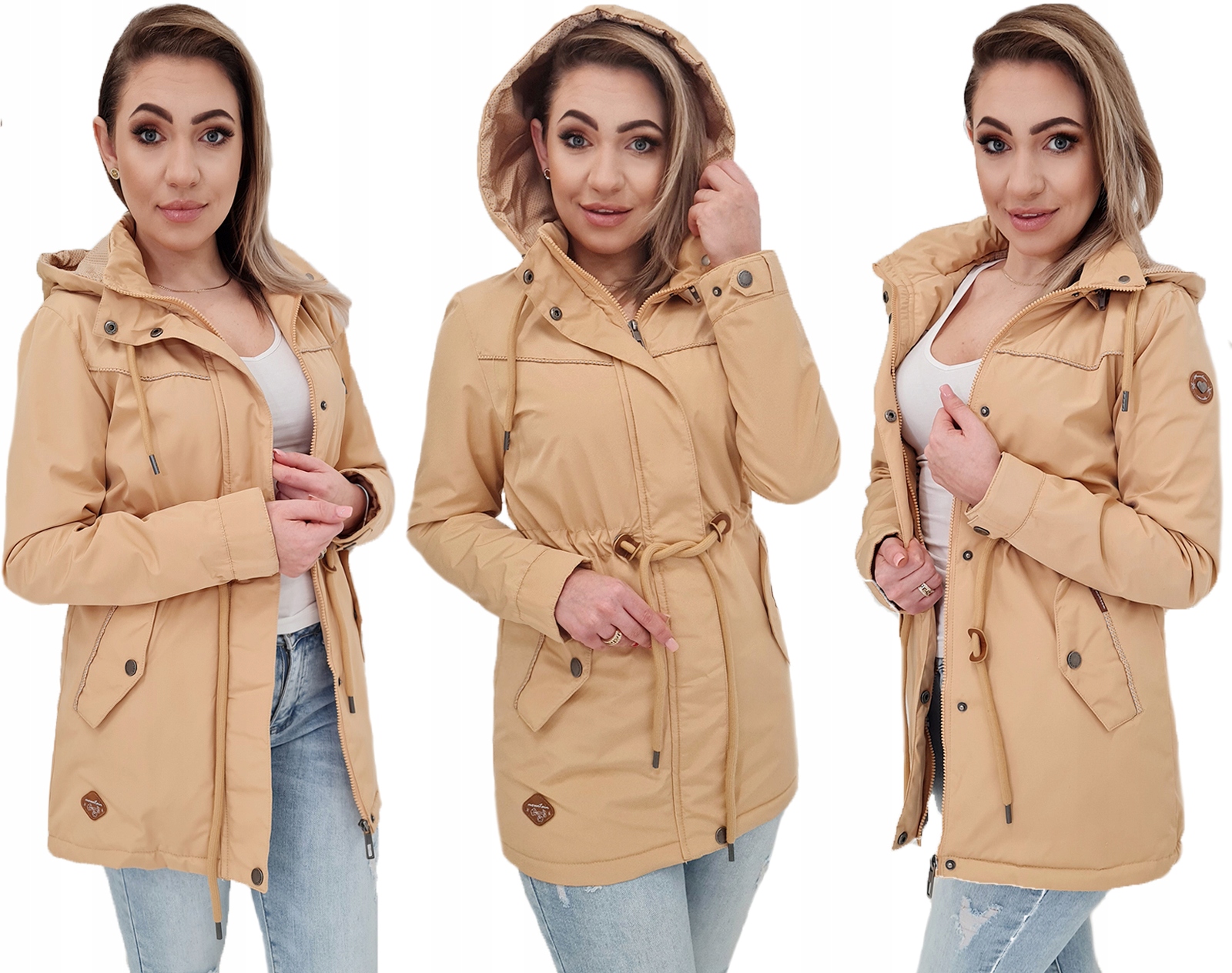 Damska Przejściowa Taliowana Parka Kurtka Z Kapturem Camel Beżowa S
