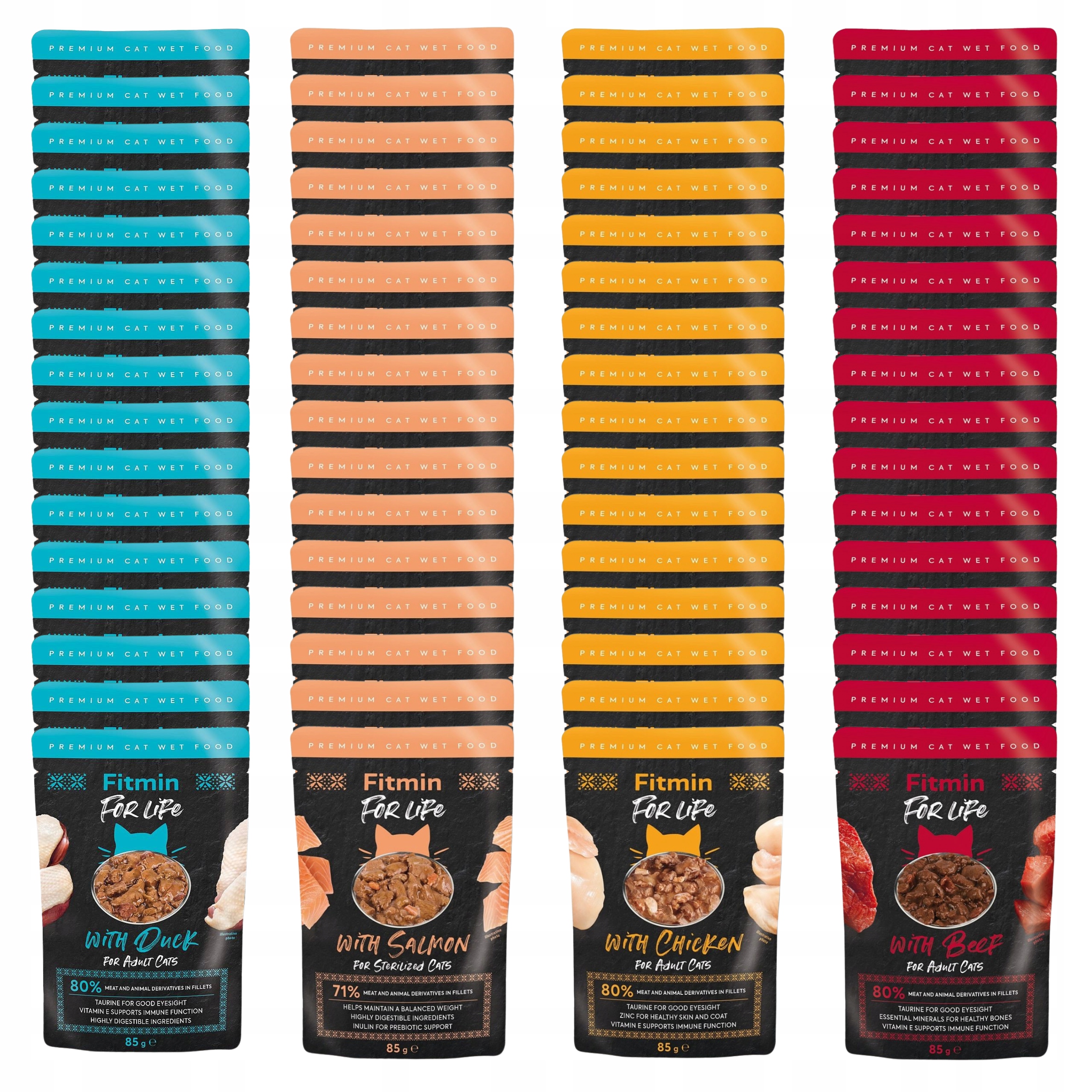 Levně 80 x Mokré Krmivo Pro Kočky Fitmin Filé Mix Chutí pro sterilizované 85 g