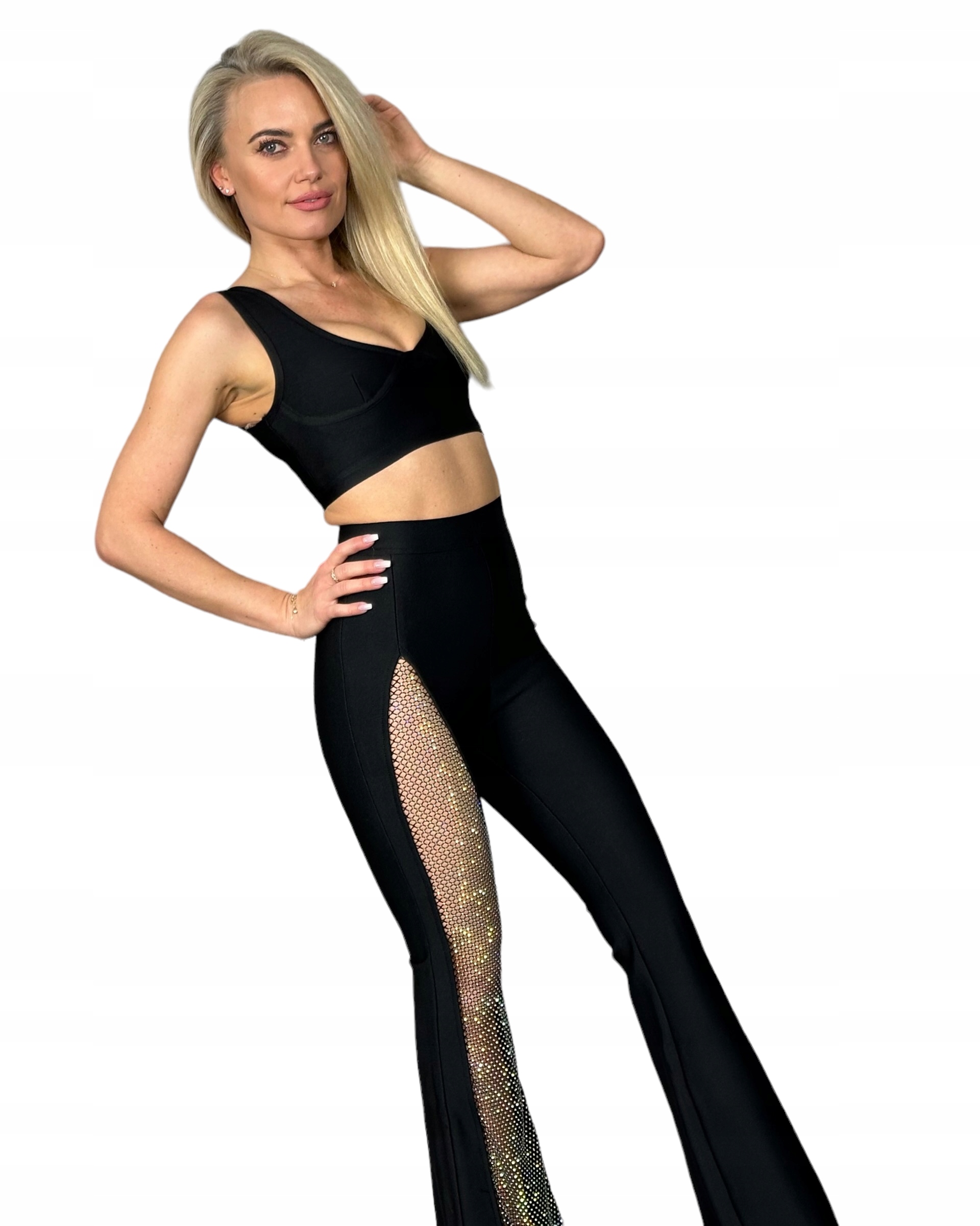 Komplet Kalhoty Zvony Crop Top Černý Dámský Set L