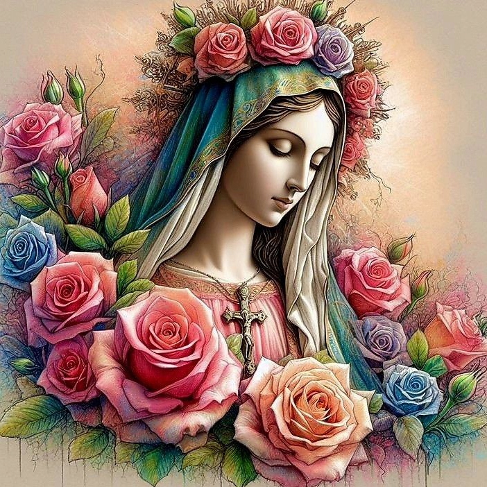 Diamantová výšivka Marie Madona Květy Růžové Růže Náboženské Velké 80x80 cm