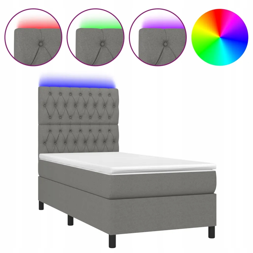 Tmavě šedá kontinentální postel s matrací 203x80x118/128 cm a Led osvětlením