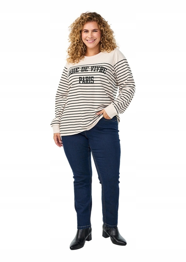 Halenka Plus Size Zizzi Pohodlná Béžová Mikina S Pruhy Nápis 312A 52