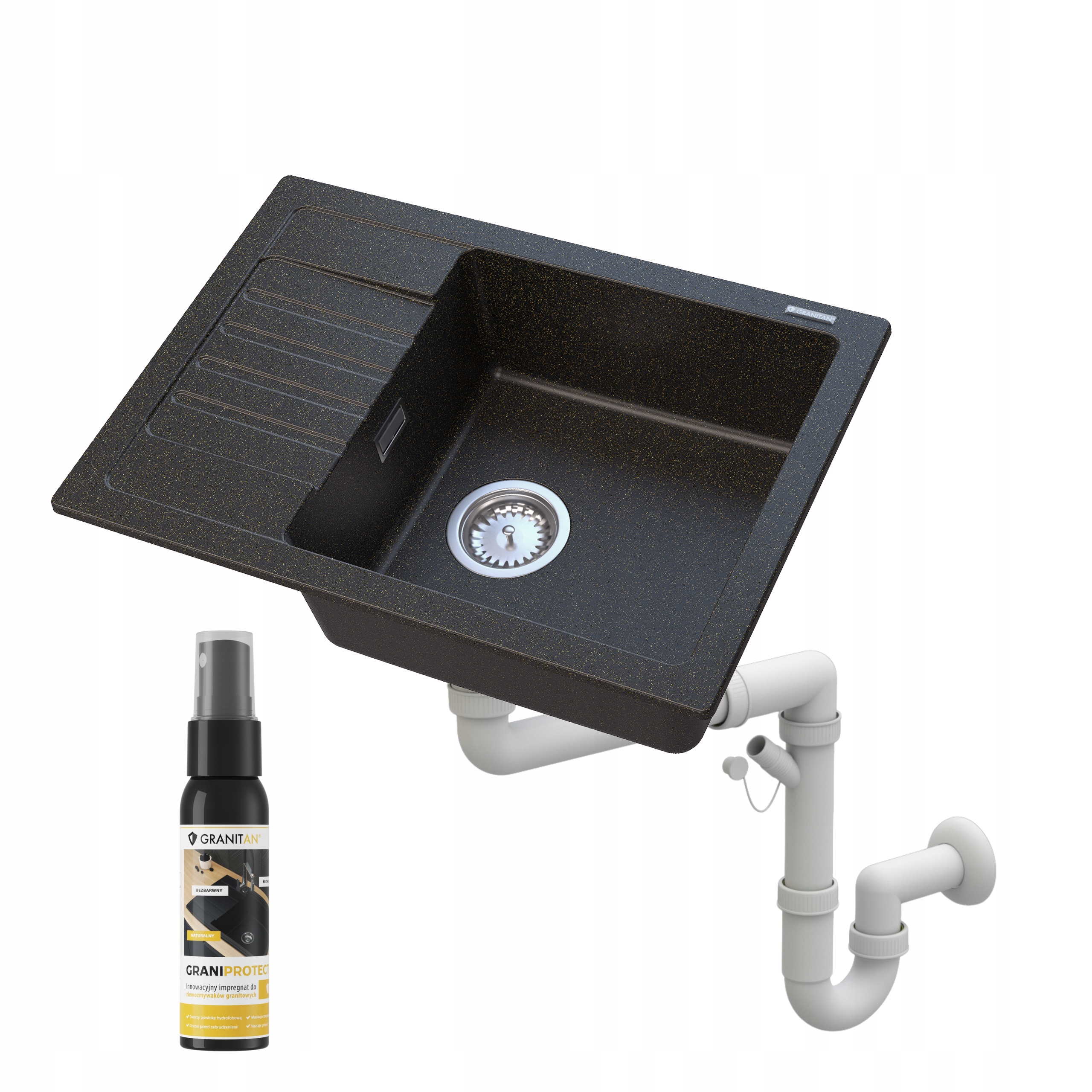 Kuchynský granitový drez Argos jednokomorový s odkvapkávačom, sifónový drez