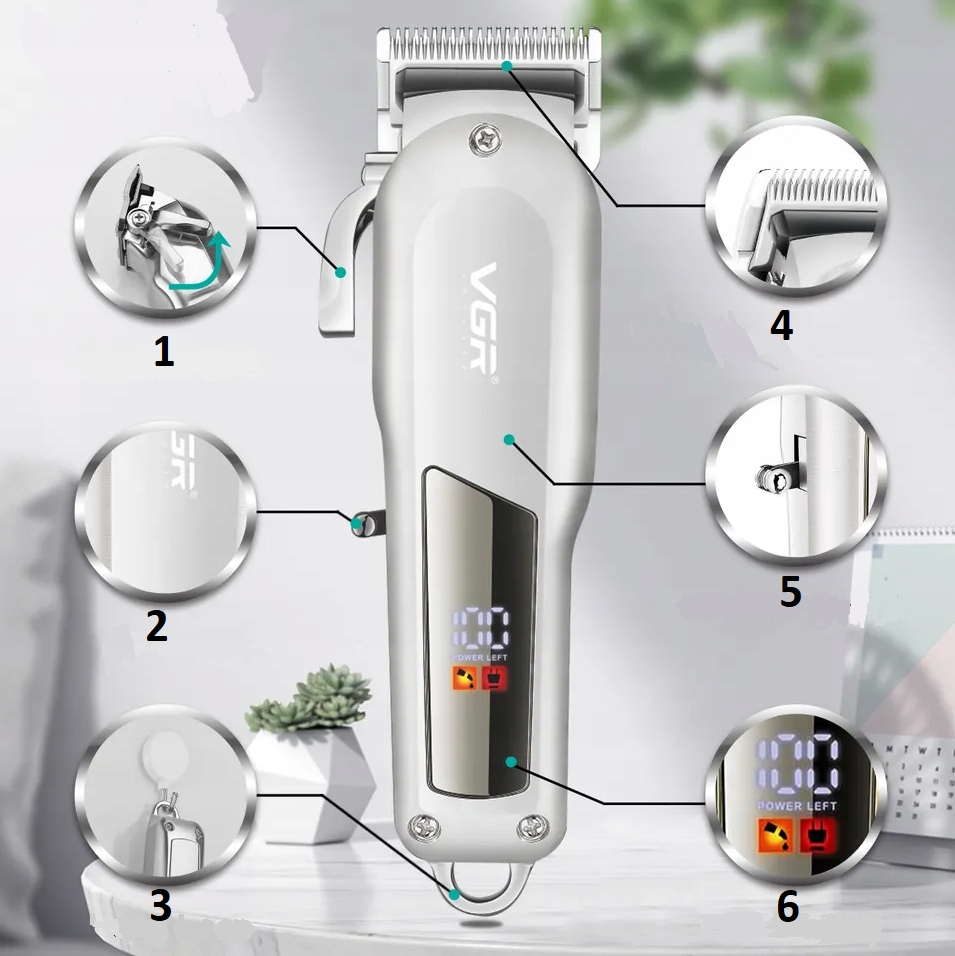 PROFESJONALNA MASZYNKA DO WŁOSÓW BEZPRZEWODOWA Z REGULACJĄ 6 NASADEK + OLEJ Kolor dominujący srebrny/szary