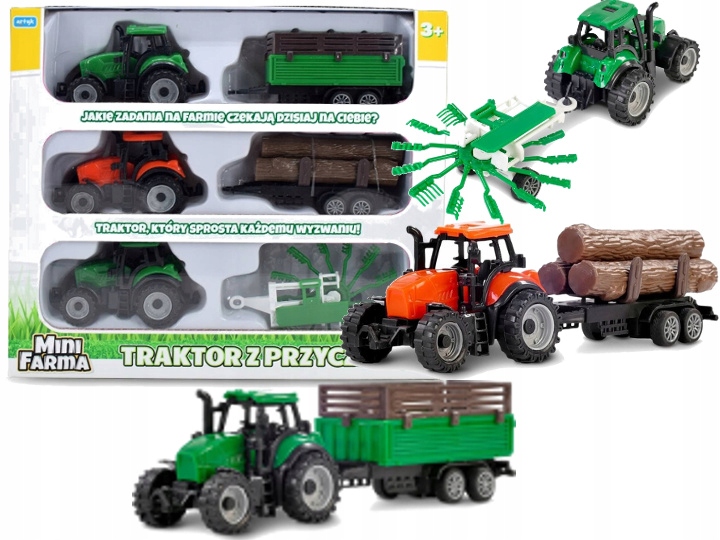 

Traktor + przyczepa Zestaw 3 maszyny rolnicze Mini