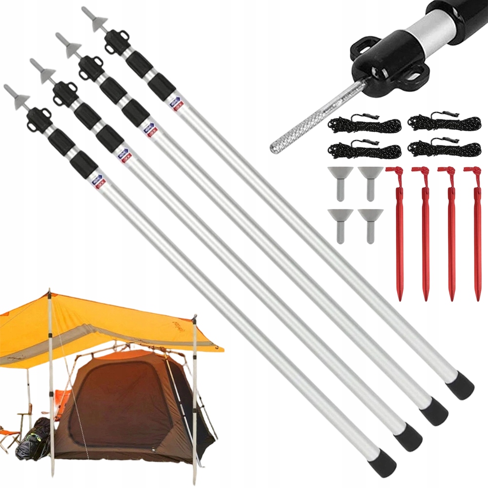 4 Kempingové Podpěry 93.5-234.5 CM Nastavitelné, Šedé S Klipy