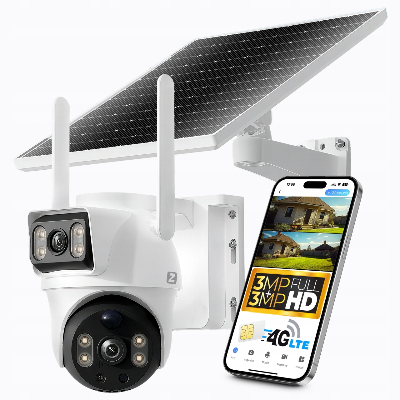 Kamera Obrotowa Ruchoma Solarna 2 Obiektywy Na Kartę Sim 4G Lte Gsm 6MPx