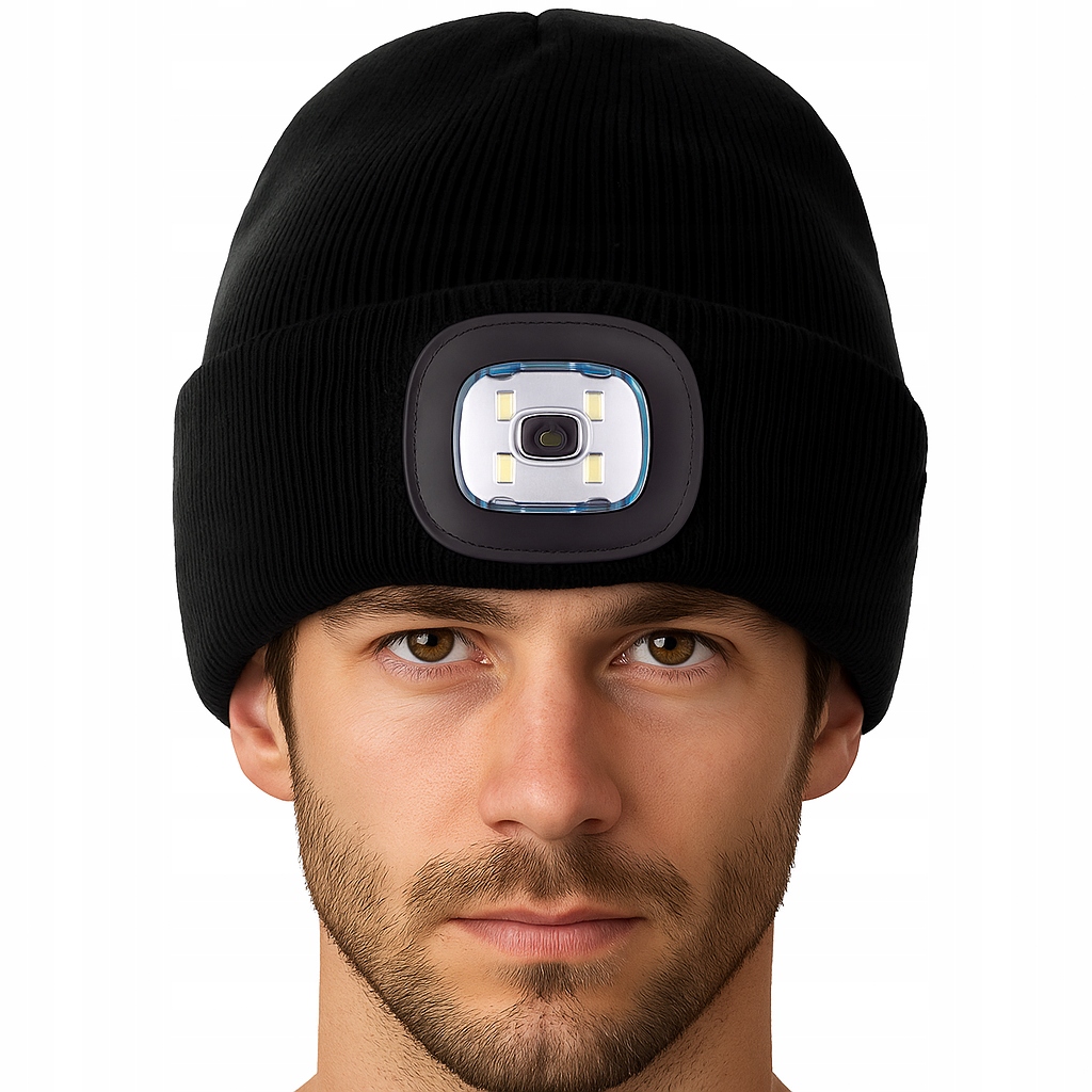 ZIMOWA CZAPKA Z LATARKĄ LAMPKĄ LED ŁADOWANIE USB CIEPŁA CZARNA OCIEPLANA