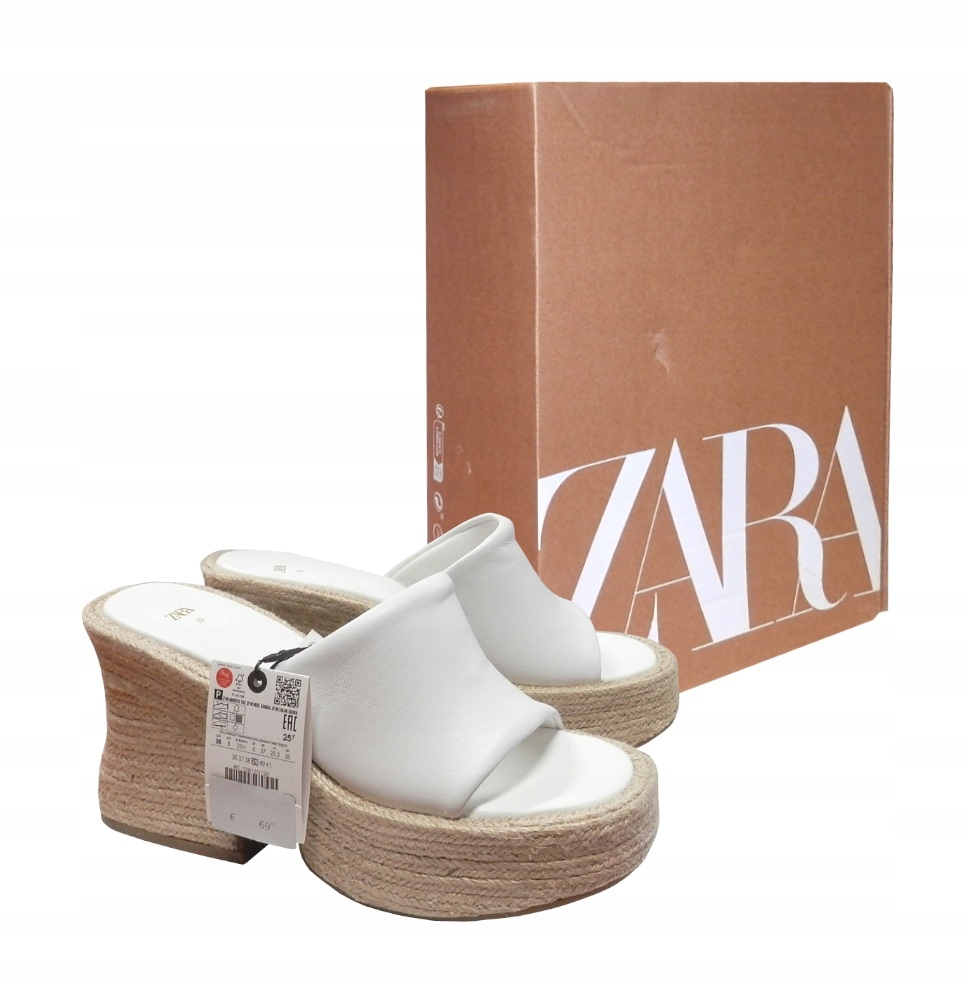 Zara Elegantní Nazouváky Z Přírodní Kůže Juta Platforma Bílé vel. 39