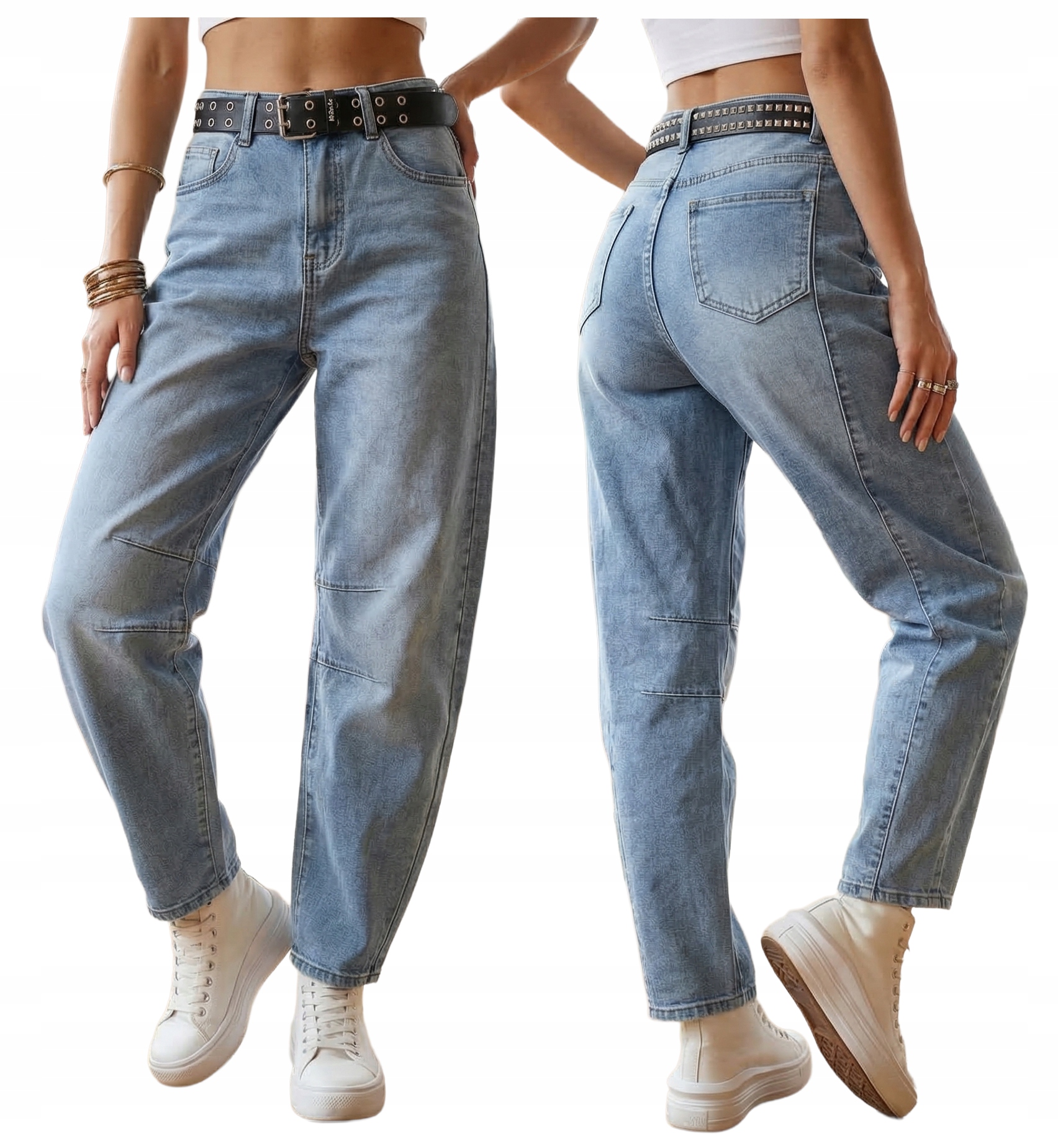 Spodnie Balloon Jeans M.Sara Damskie Luźne Wysoki Stan z Paskiem XS/34