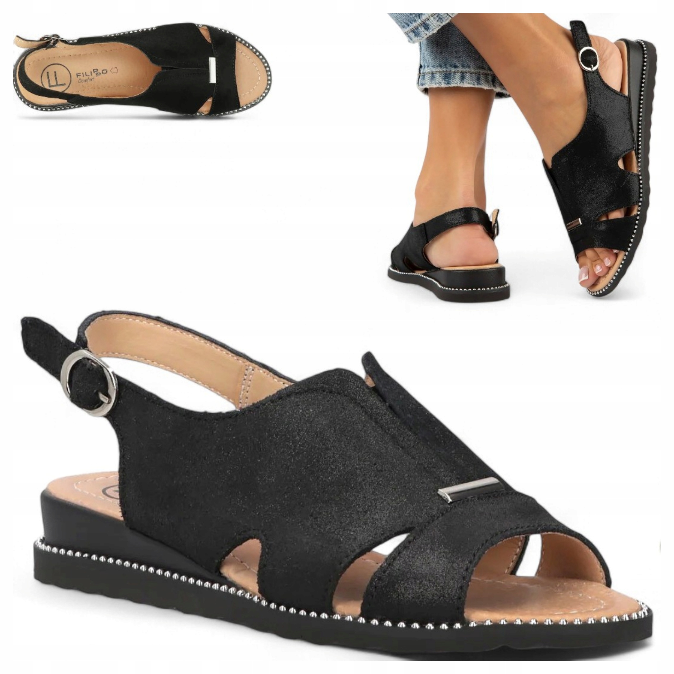 Dámské kožené sandály Filippo na podpatku, elegantní, pohodlné, černé