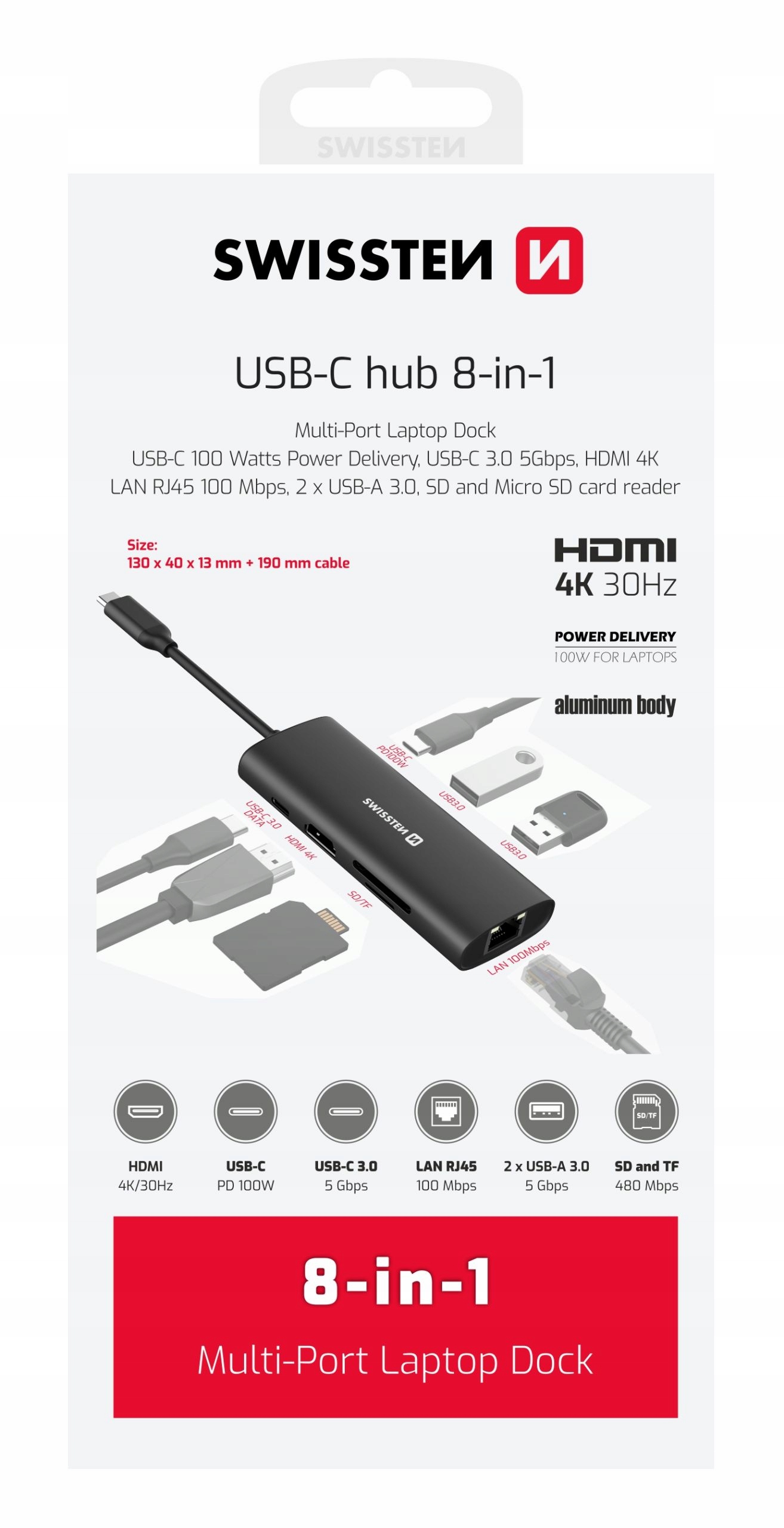Swissten Hub Usb-c 8v1 (usb-c 100W Hdmi 4K Lan RJ45 2x Usb-a 1x Usb-c