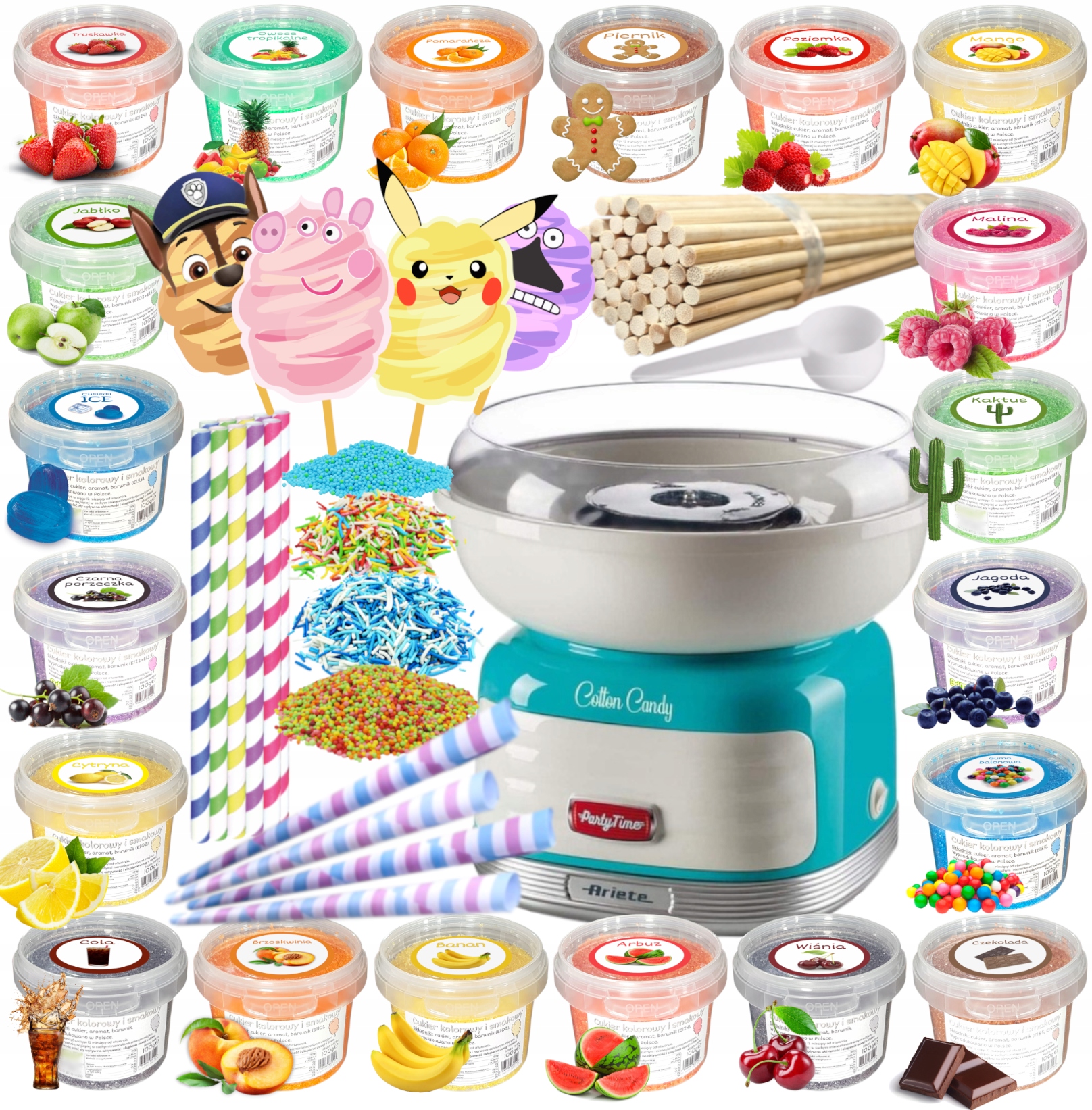 Strojek na cukrovou vatu+ Cukr 20 x 100 g Barevný chuťový doplňky Sada