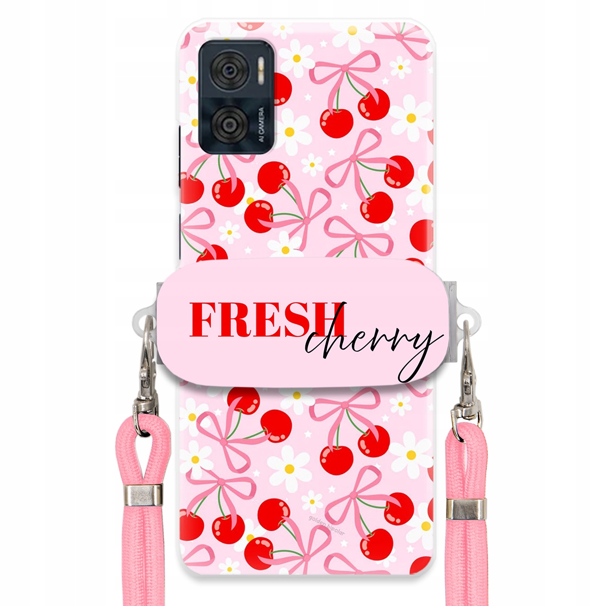 Puzdro pre Motorola E22i Case držiak na šnúrku Ružový Fresh Cherry Kokardy