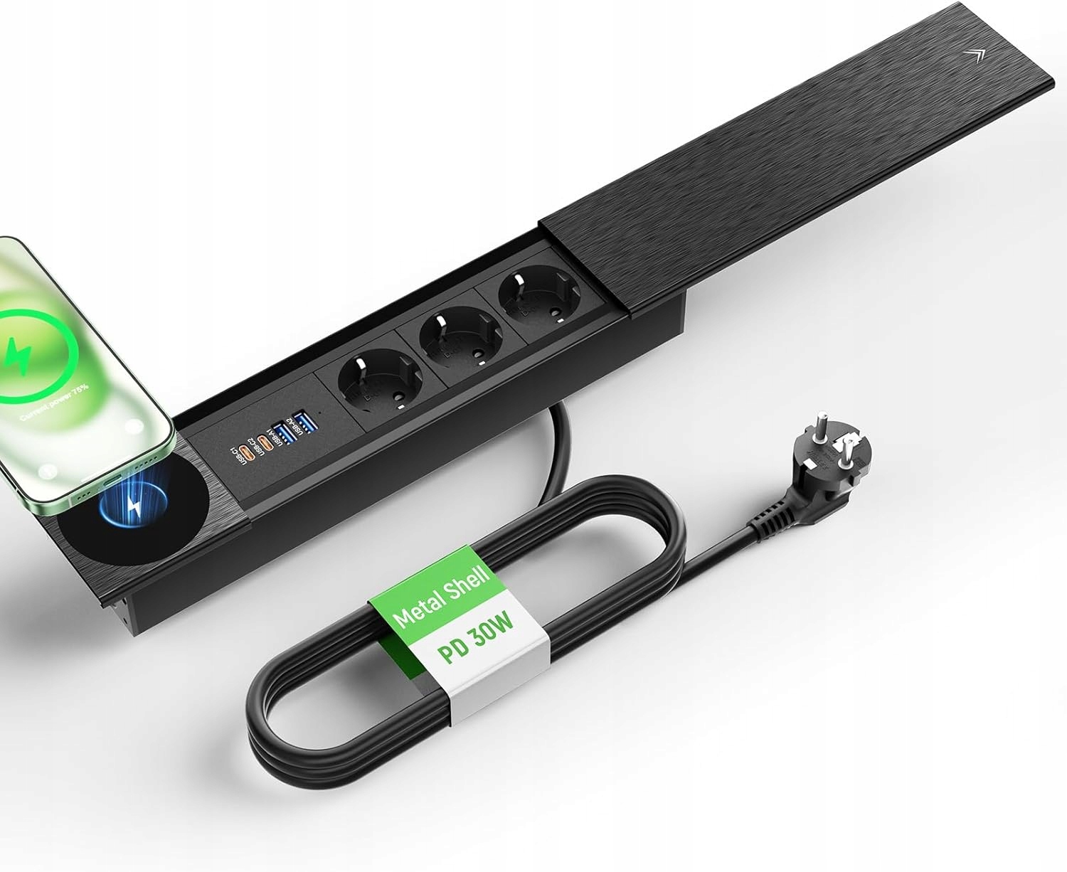 Zásuvka do pracovní desky, černá, se 2x Usb, 2x Usb-c a indukční nabíječkou