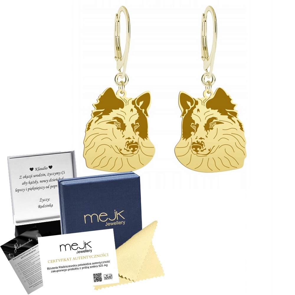Náušnice Zlaté se psem Yakutian Laika 925 Dárek Žena Šperky Gravírování