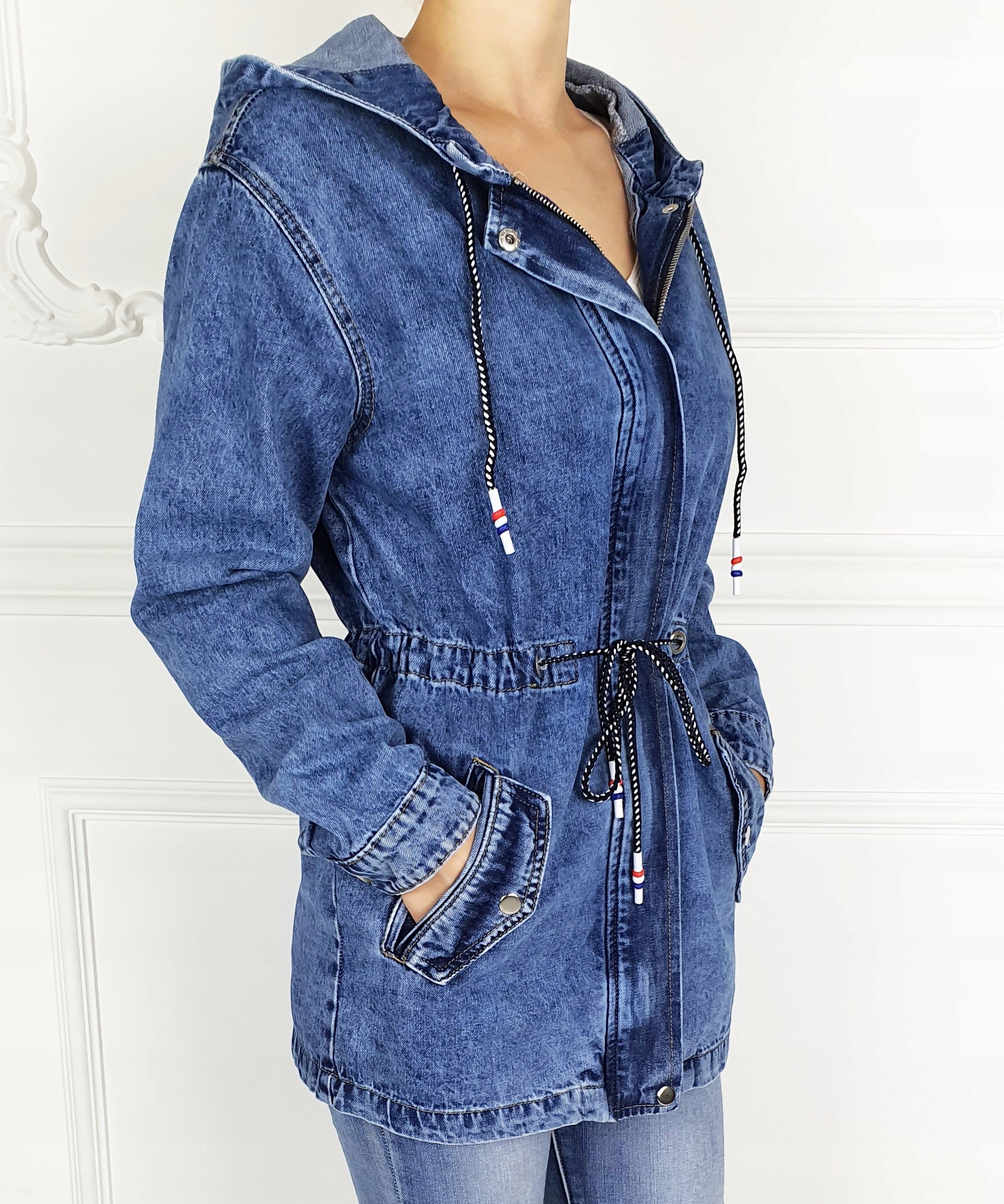 #KATANA JEANSOWA KURTKA DAMSKA DŁUGA Parka Kaptur# Kaptur z kapturem