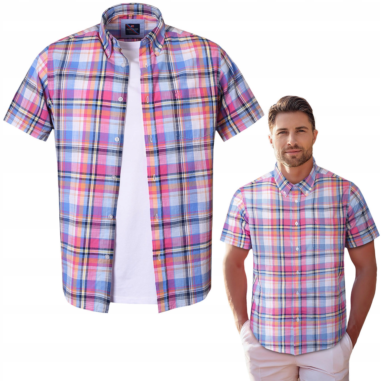 Pánská Kostkovaná Košile s krátkým rukávem Slim Fit Bavlněná M Pako Jeans