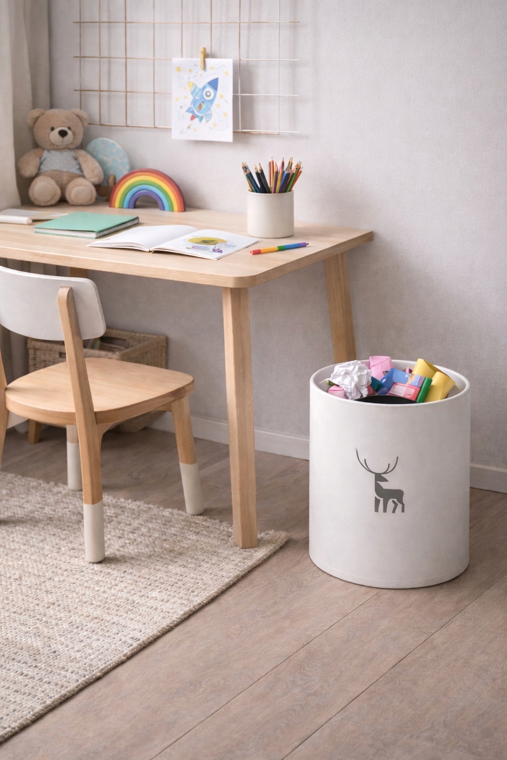 Kosz na śmieci 13 l z wkładem biały jeleń 31 cm okrągły pod biurko do biura