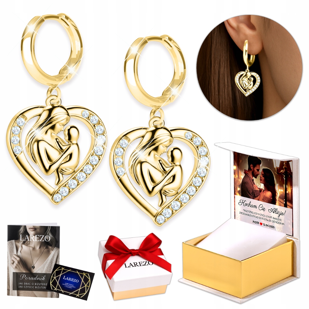 Zlaté Náušnice 925 pro Maminku Srdce Srdíčka Matka s Dítětem se Zirkony