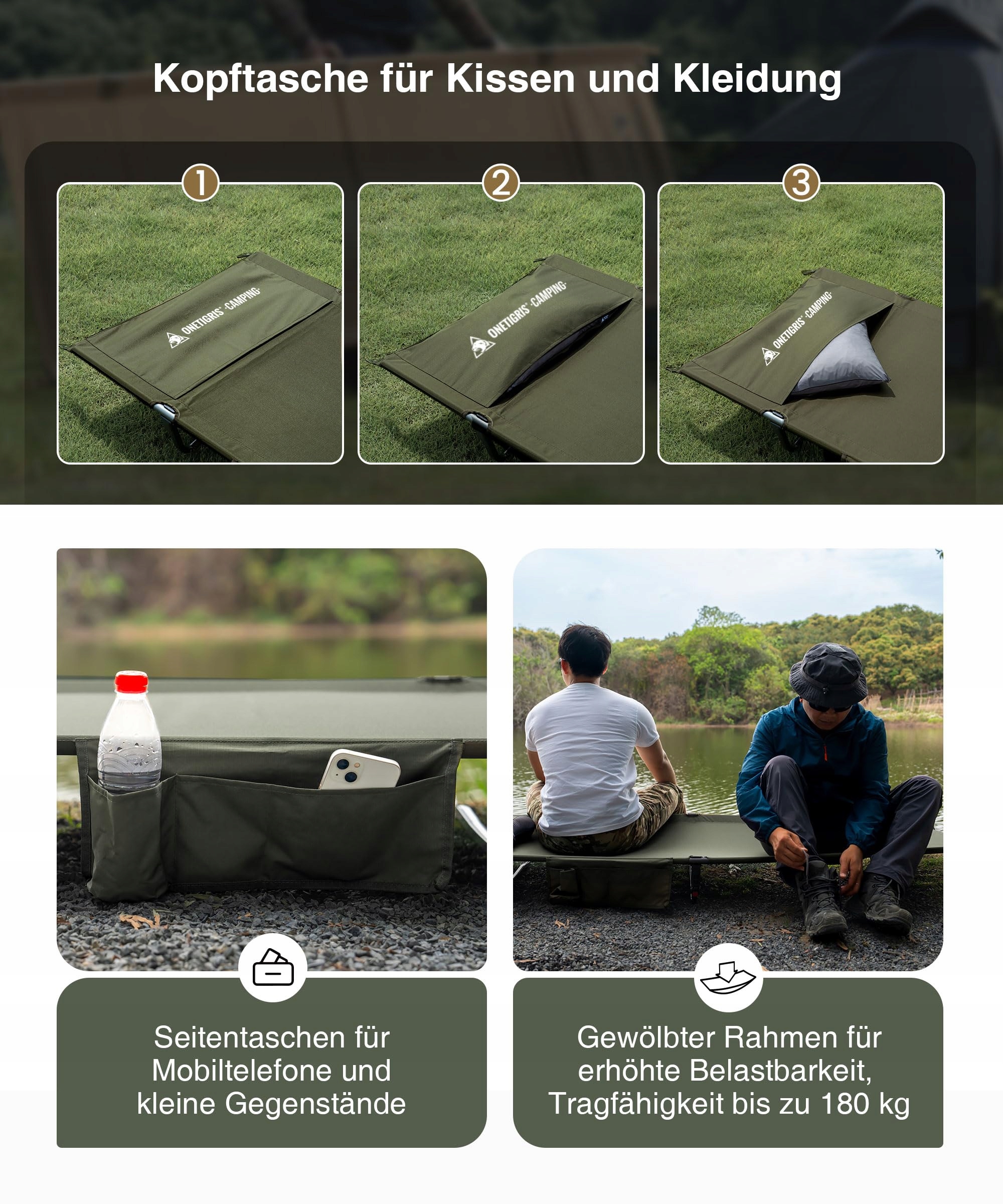 ONETIGRIS SUPRAGRIS Składane Łóżko Polowe Lekkie Do 180kg Camping Outdoor — miniatura 5