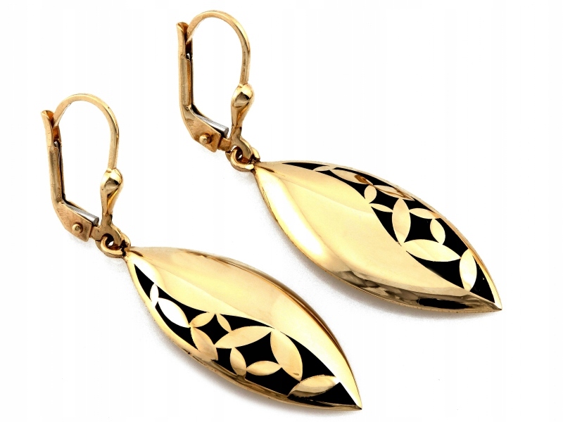 Dlouhé zlaté náušnice 585 pohyblivý nafukovací prvek zdobený černým smaltem