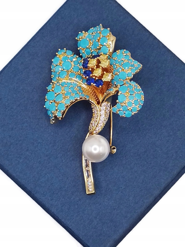 Luxusní Brož Přívěsek S Květinou A Lilií, Tyrkysově Zlatý Krabička Dárek