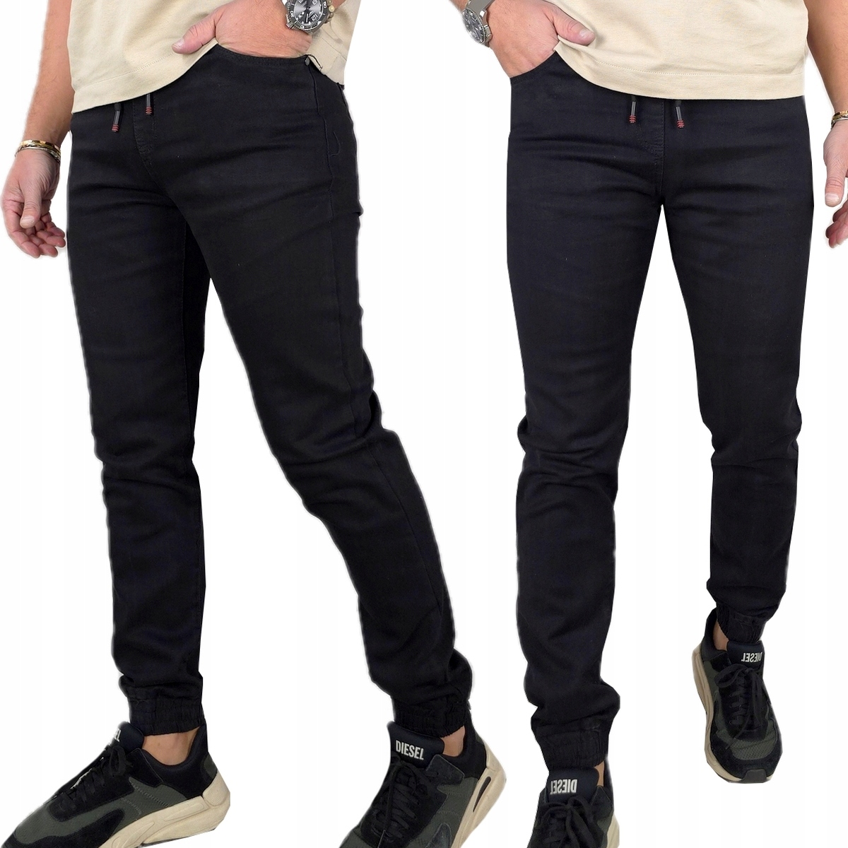 Jeansowe Spodnie Męskie Czarne długie Joggery Pas Z Gumką modne L