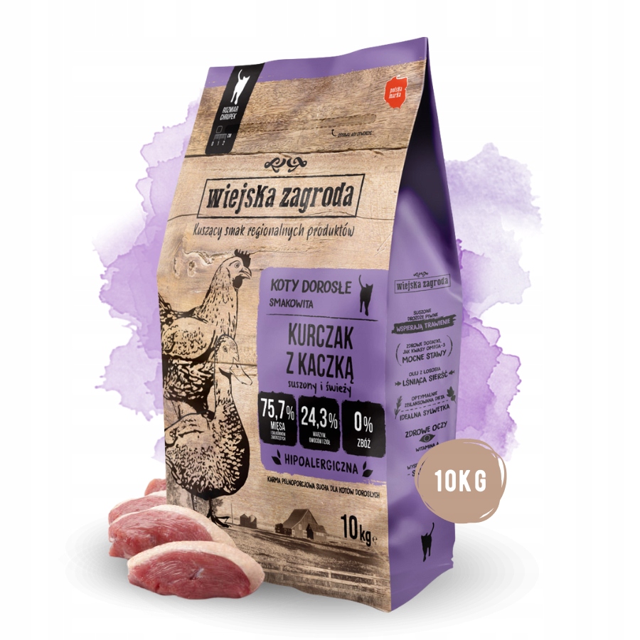 Levně Wiejska Zagroda Krmivo suché pro kočky Kuře s Kachnou a Zeleninou 10 kg