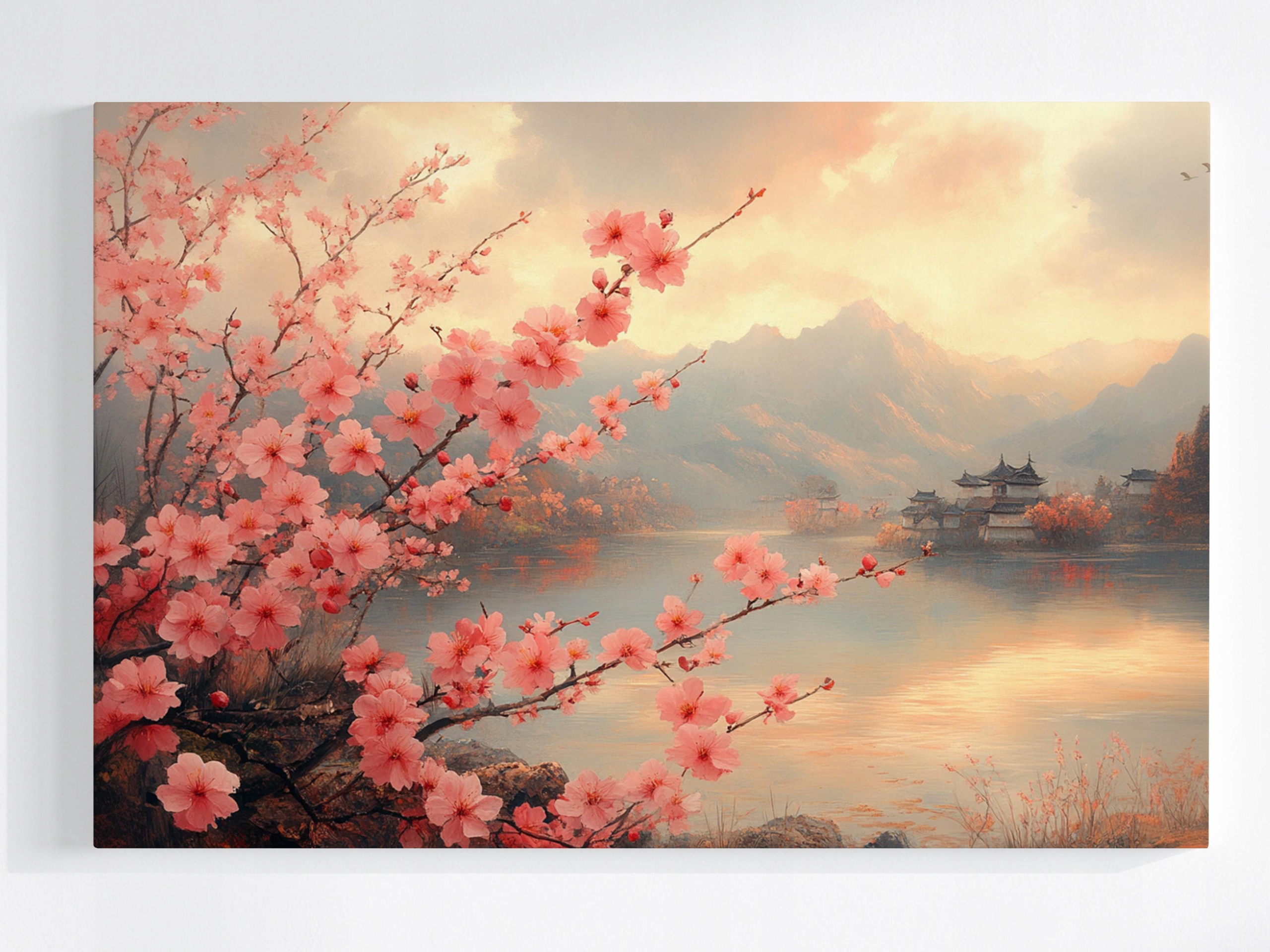 Obraz Na Plátně Canvas Krajina Pagoda Dřevo Květiny Višeň Sakura 120x80