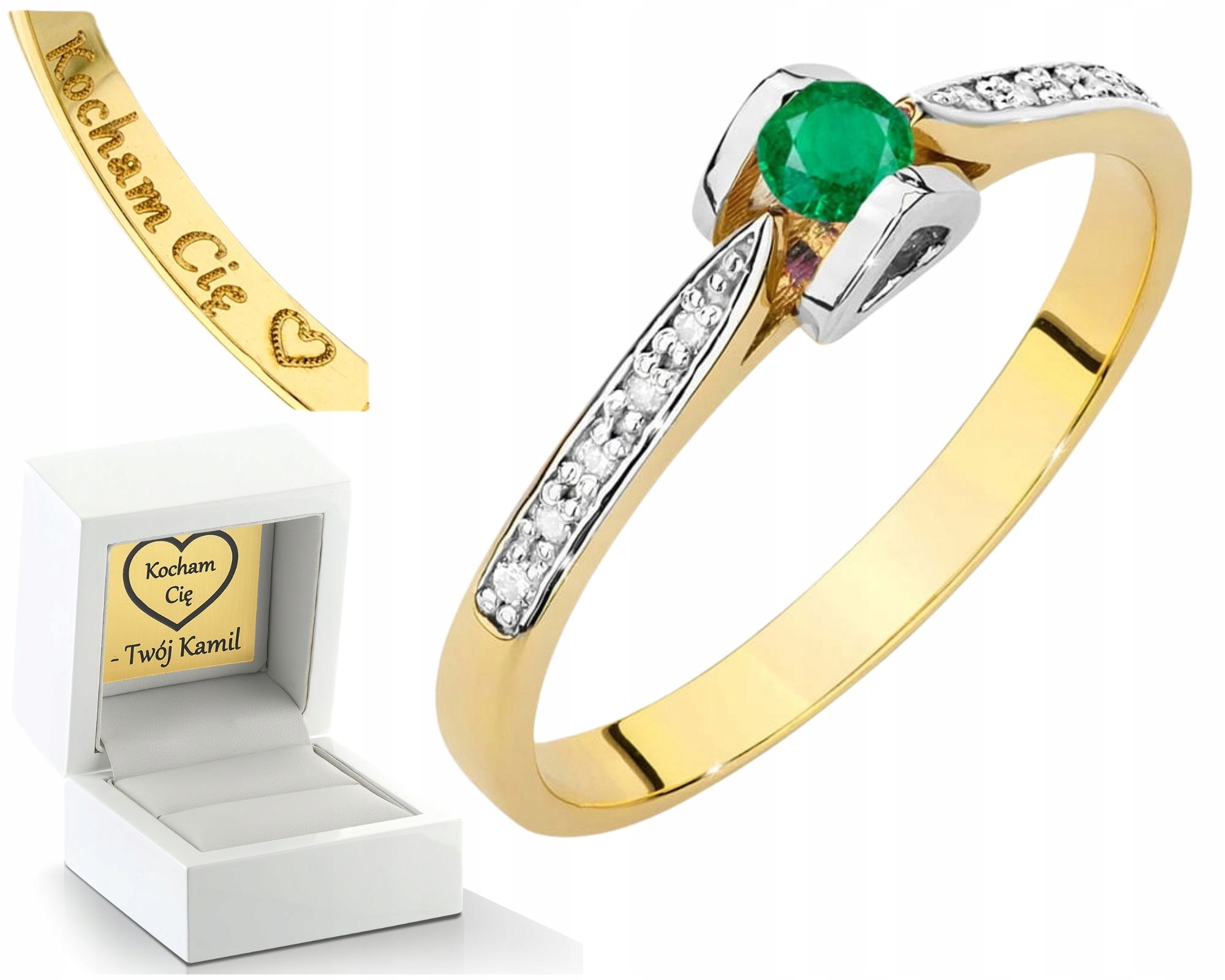 Zlatý Prstýnek Se Zeleným Přírodním Smaragdem A Diamanty, Zlato