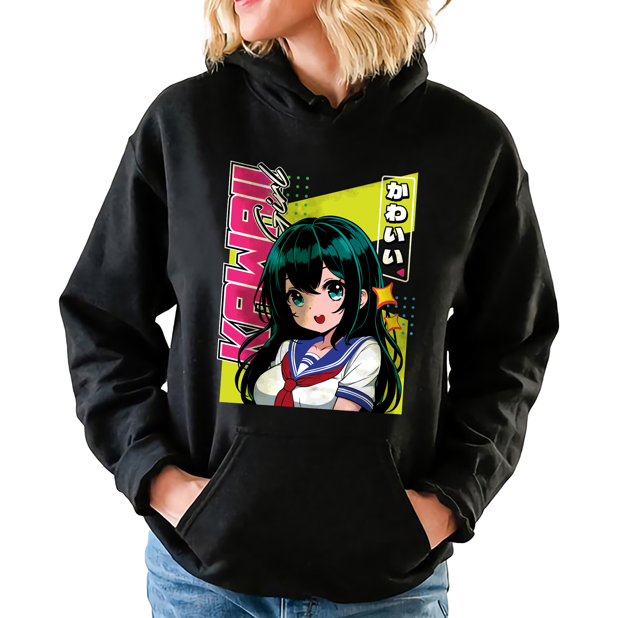 Mikina S Kapucí Kawaii Girl Japonské anime Kawaii Vzory Velikost S