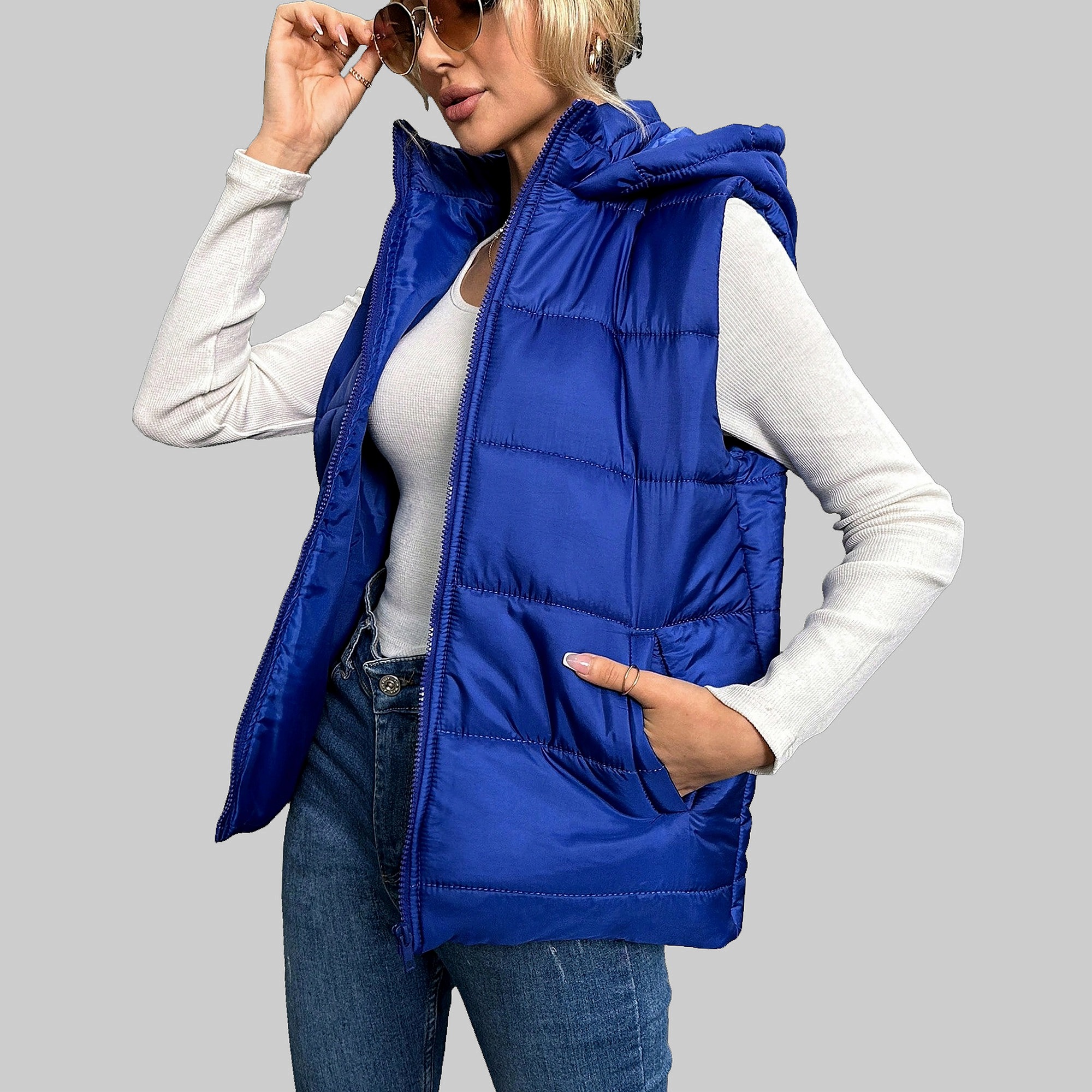 Dámská Péřová prošívaná Vesta S Kapucí Modrá Casual Shein L 40