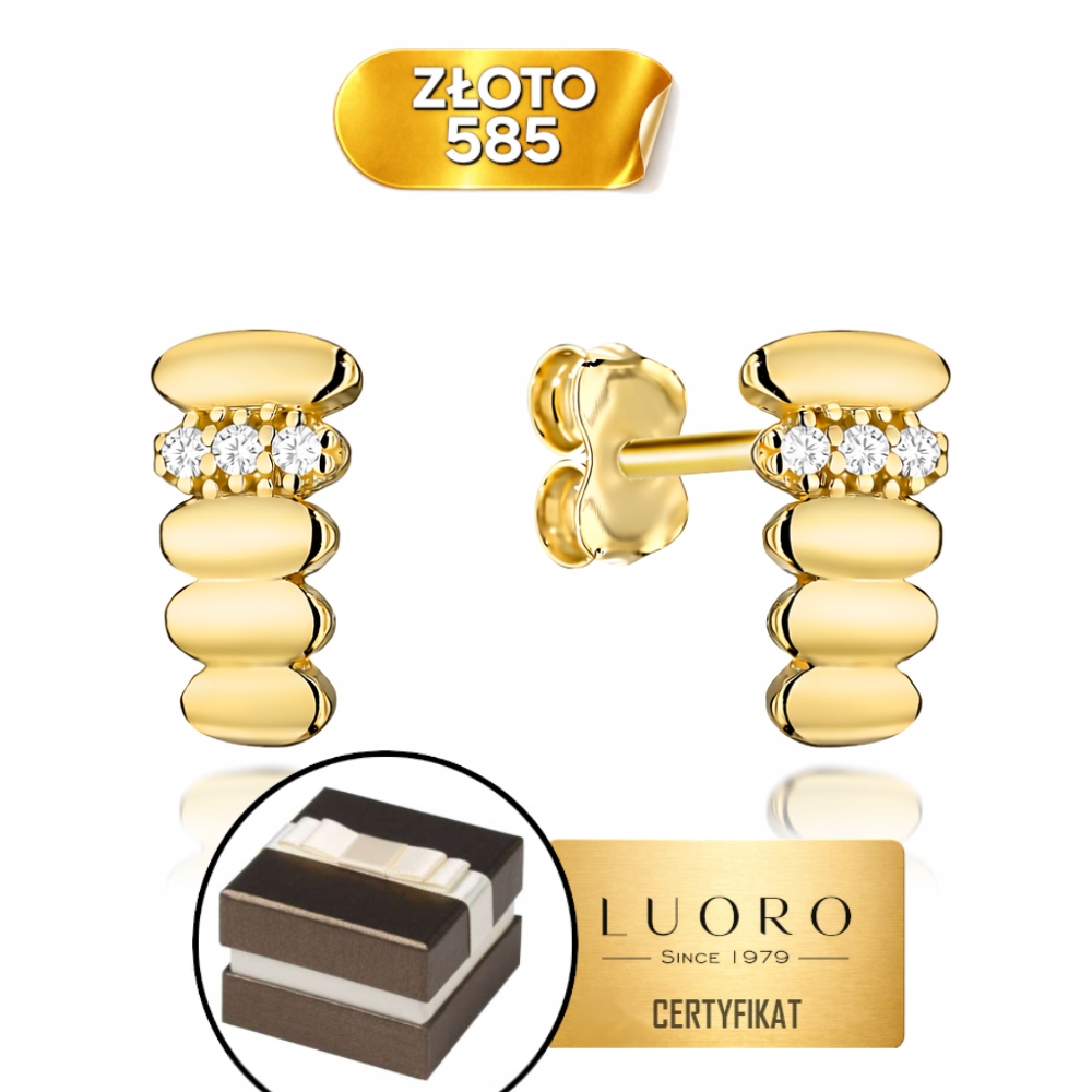 Náušnice Zlaté 585 14K Elipsy A Zirkony 1 CM Krabička Dárek Certifikát