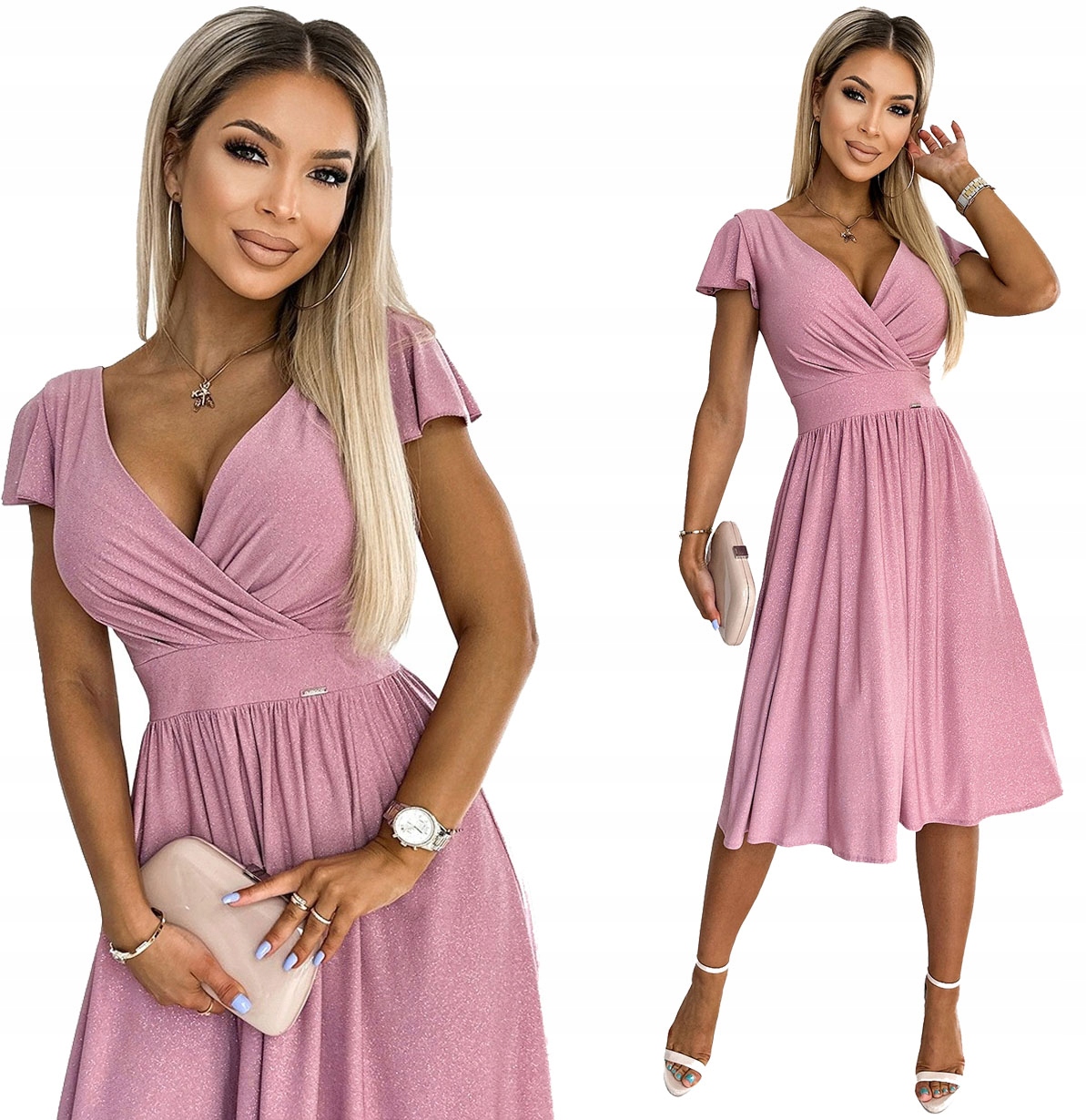 Rozkládací Šaty S Krátkým Rukávem, Obálkový Výstřih, Růžová, Brokát Xs