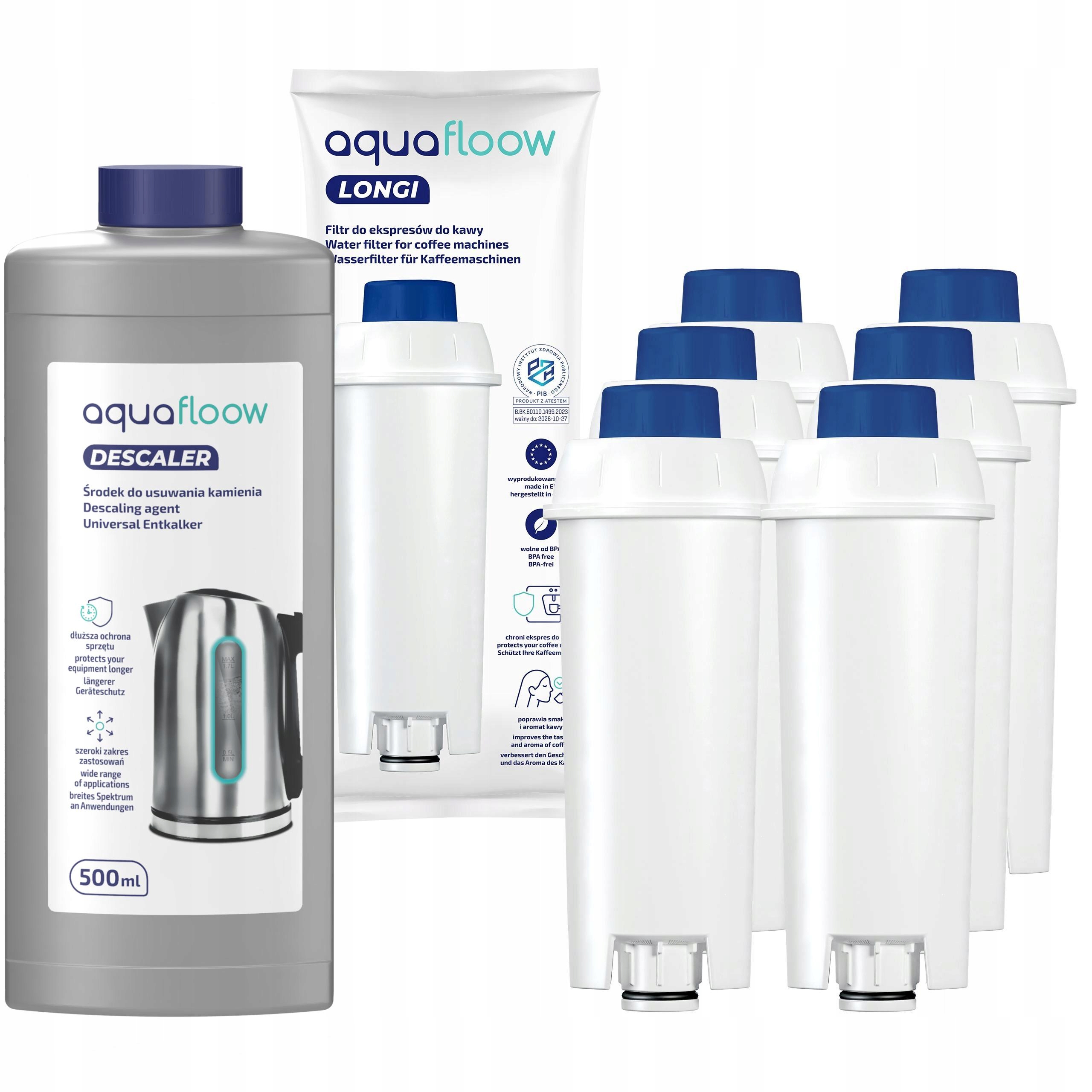 AquaFloow filtr wody do ekspresu Delonghi 6x odkamieniacz do ekspresu 0,5