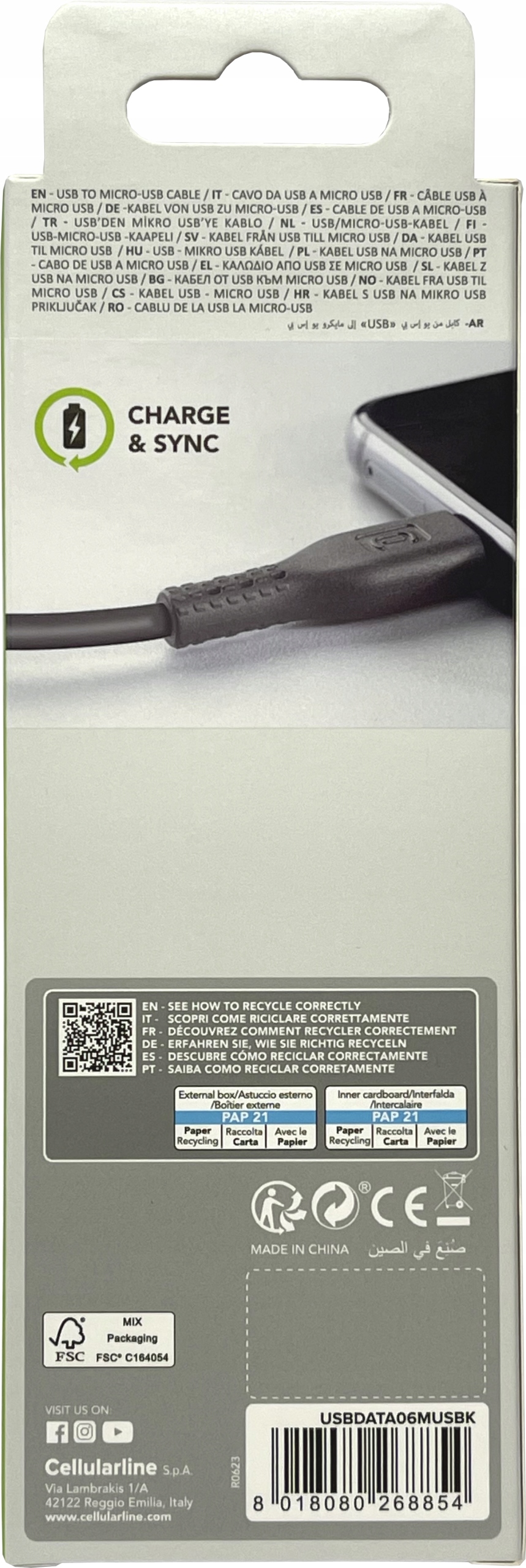 CELLULARLINE kabel do ładowania transmisji danych USB do Micro USB 60 cm Kod producenta USBDATA06MUSBK