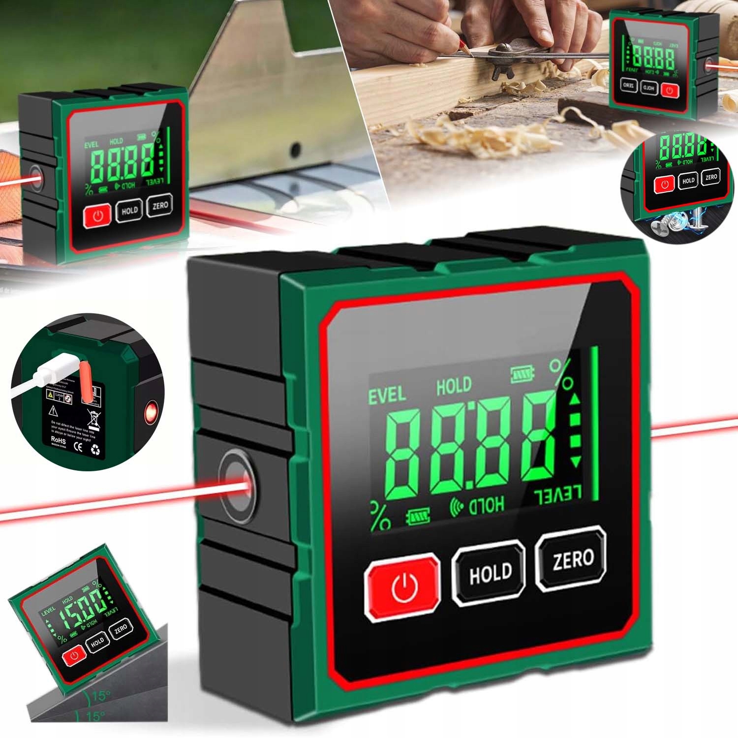 Laserový Úhloměr Digitální Inklinometr Laserové Pravítko Usb Dobíjecí S LCD