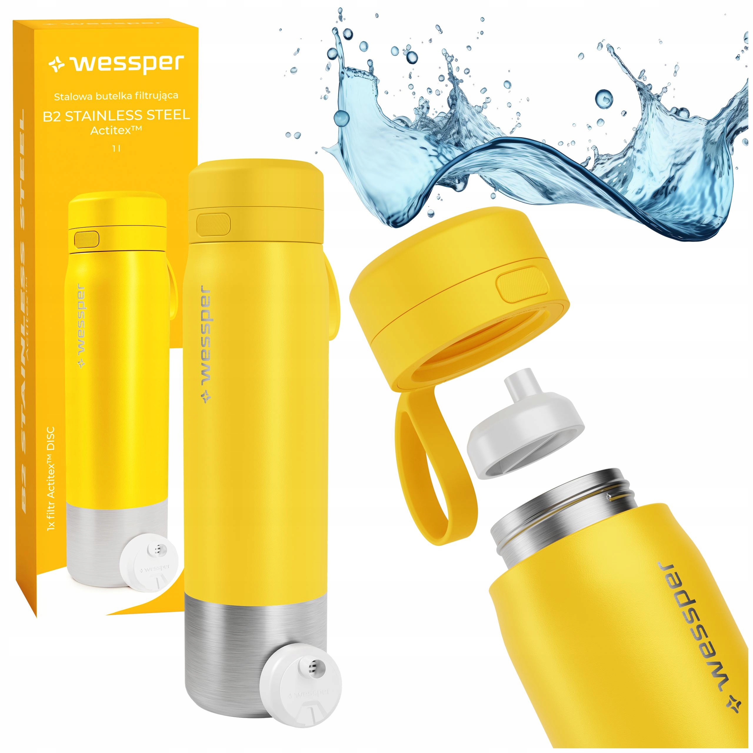 Filtrační láhev Wessper B2 Actitex, 1l lahev na pití na vodu s vodním filtrem, ocel